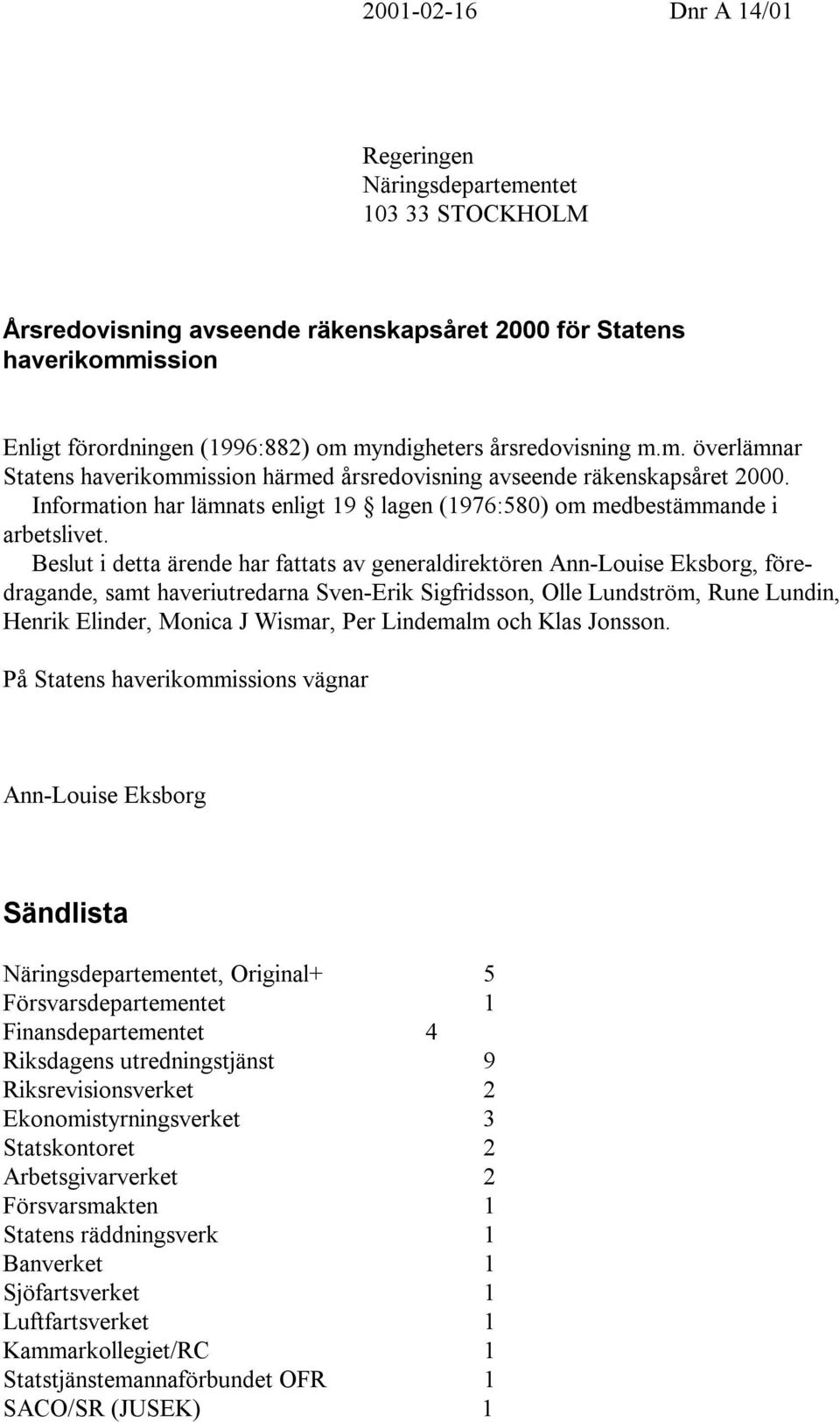 Beslut i detta ärende har fattats av generaldirektören Ann-Louise Eksborg, föredragande, samt haveriutredarna Sven-Erik Sigfridsson, Olle Lundström, Rune Lundin, Henrik Elinder, Monica J Wismar, Per