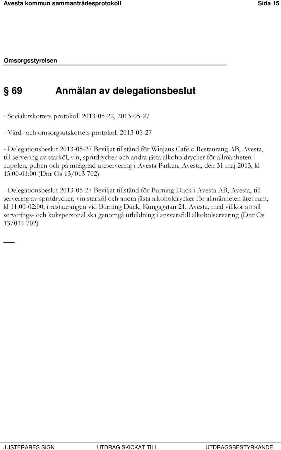 uteservering i Avesta Parken, Avesta, den 31 maj 2013, kl 15:00-01:00 (Dnr Os 13/013 702) - Delegationsbeslut 2013-05-27 Beviljat tillstånd för Burning Duck i Avesta AB, Avesta, till servering av