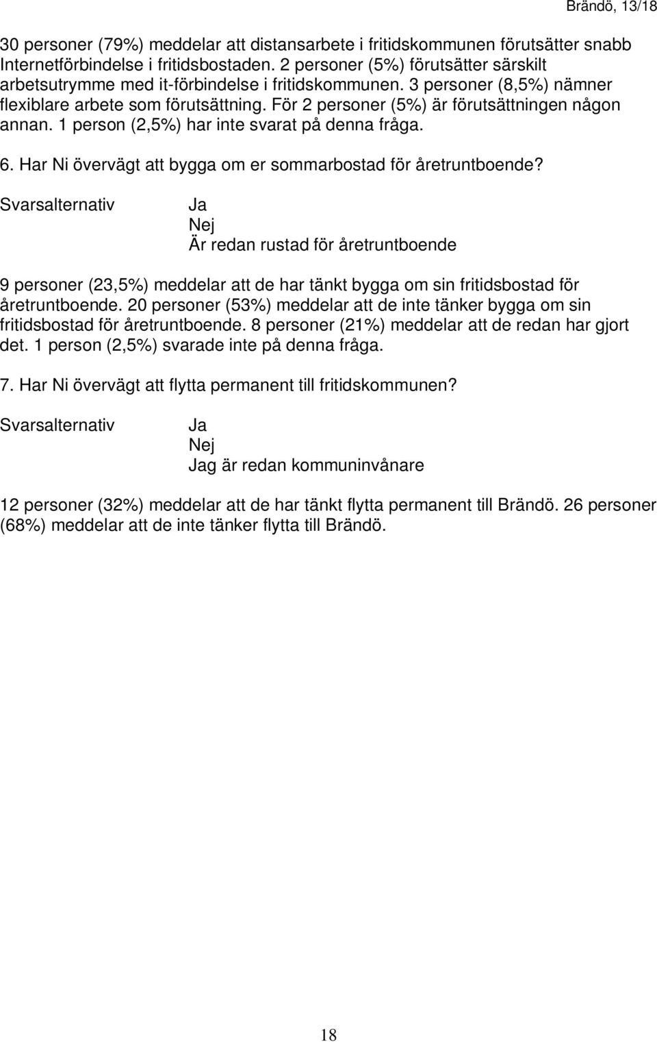 För 2 personer (5%) är förutsättningen någon annan. 1 person (2,5%) har inte svarat på denna fråga. 6. Har Ni övervägt att bygga om er sommarbostad för åretruntboende?