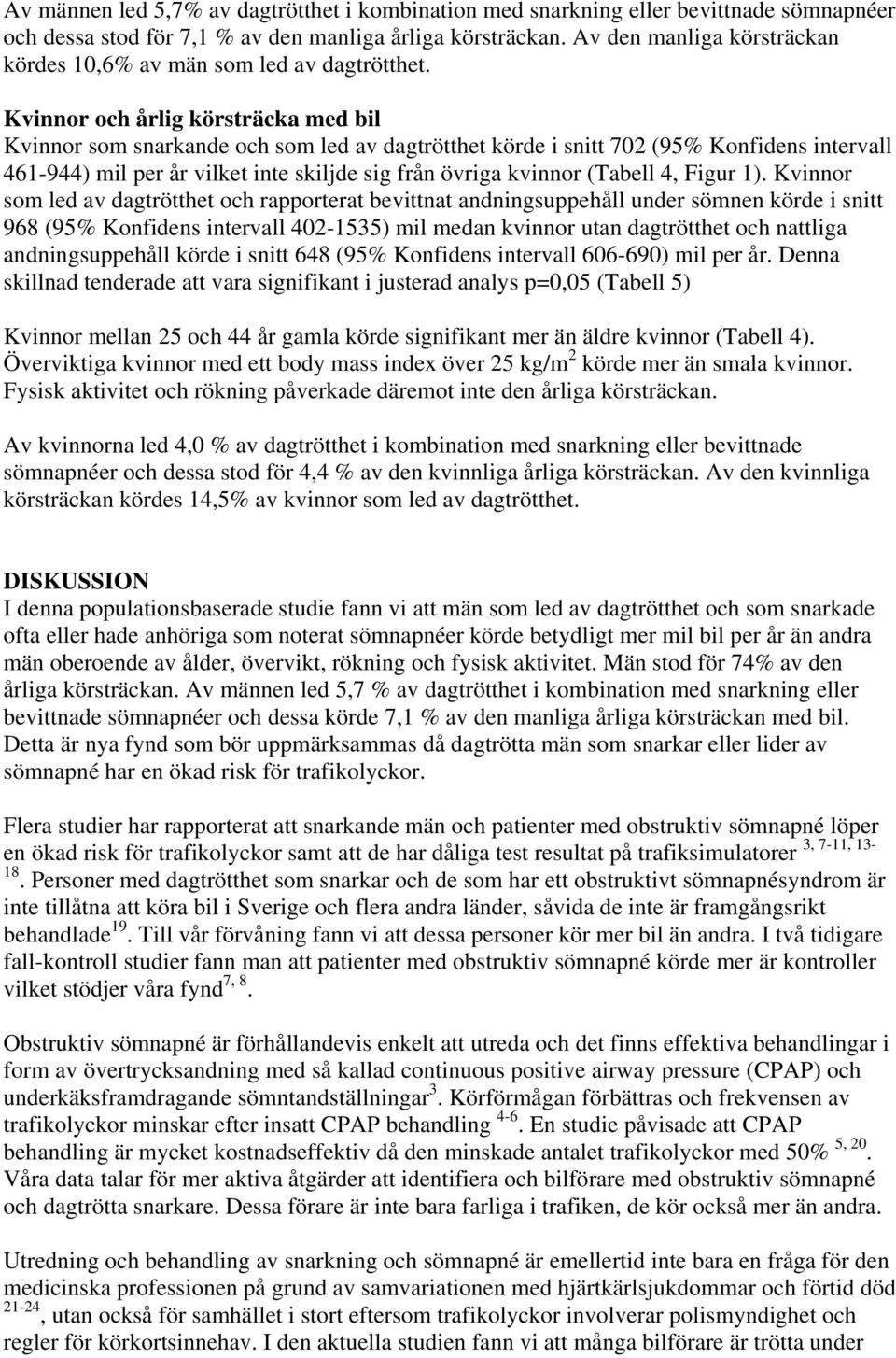 Kvinnor och årlig körsträcka med bil Kvinnor som snarkande och som led av dagtrötthet körde i snitt 702 (95% Konfidens intervall 461-944) mil per år vilket inte skiljde sig från övriga kvinnor