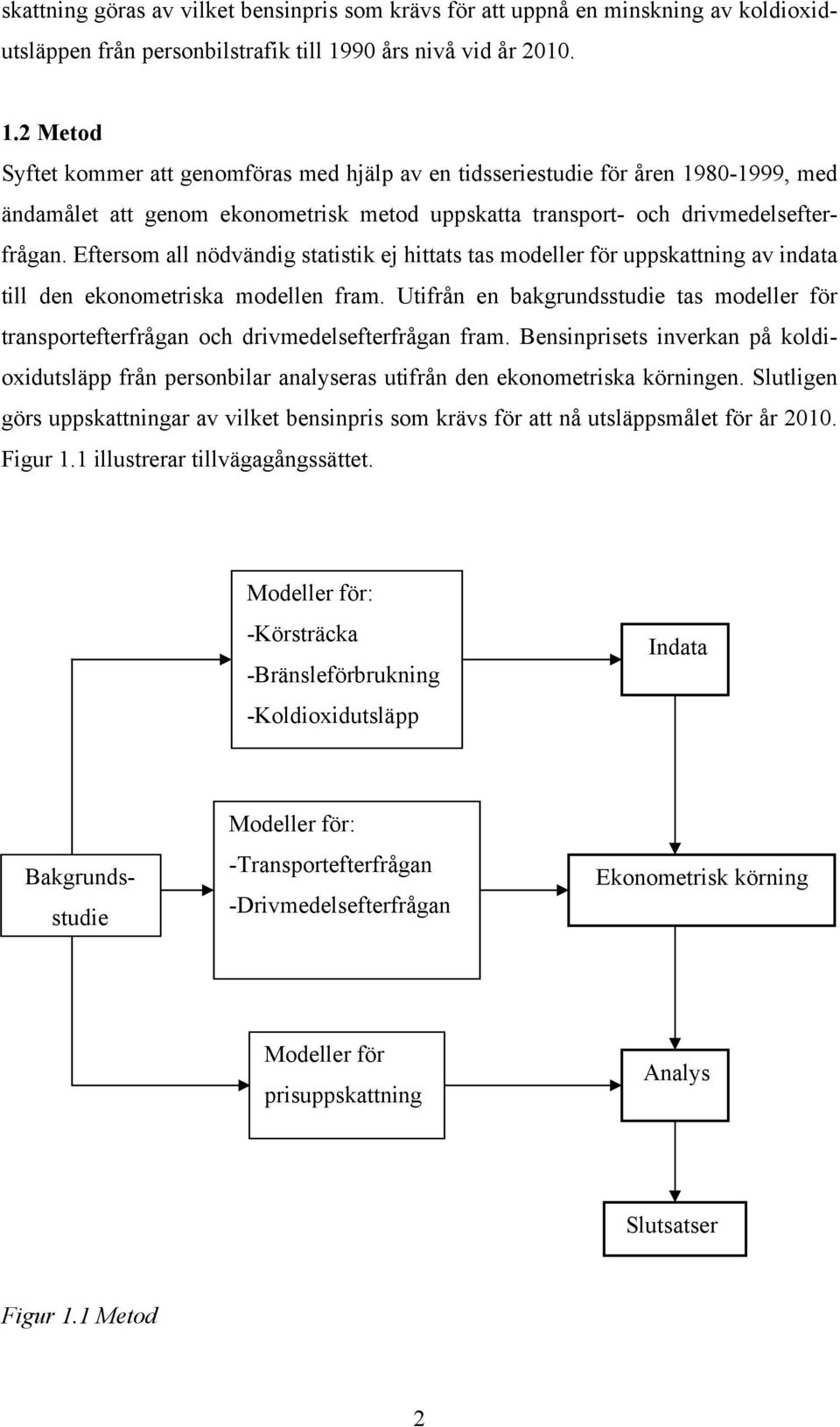 2 Metod Syftet kommer att genomföras med hjälp av en tidsseriestudie för åren 1980-1999, med ändamålet att genom ekonometrisk metod uppskatta transport- och drivmedelsefterfrågan.