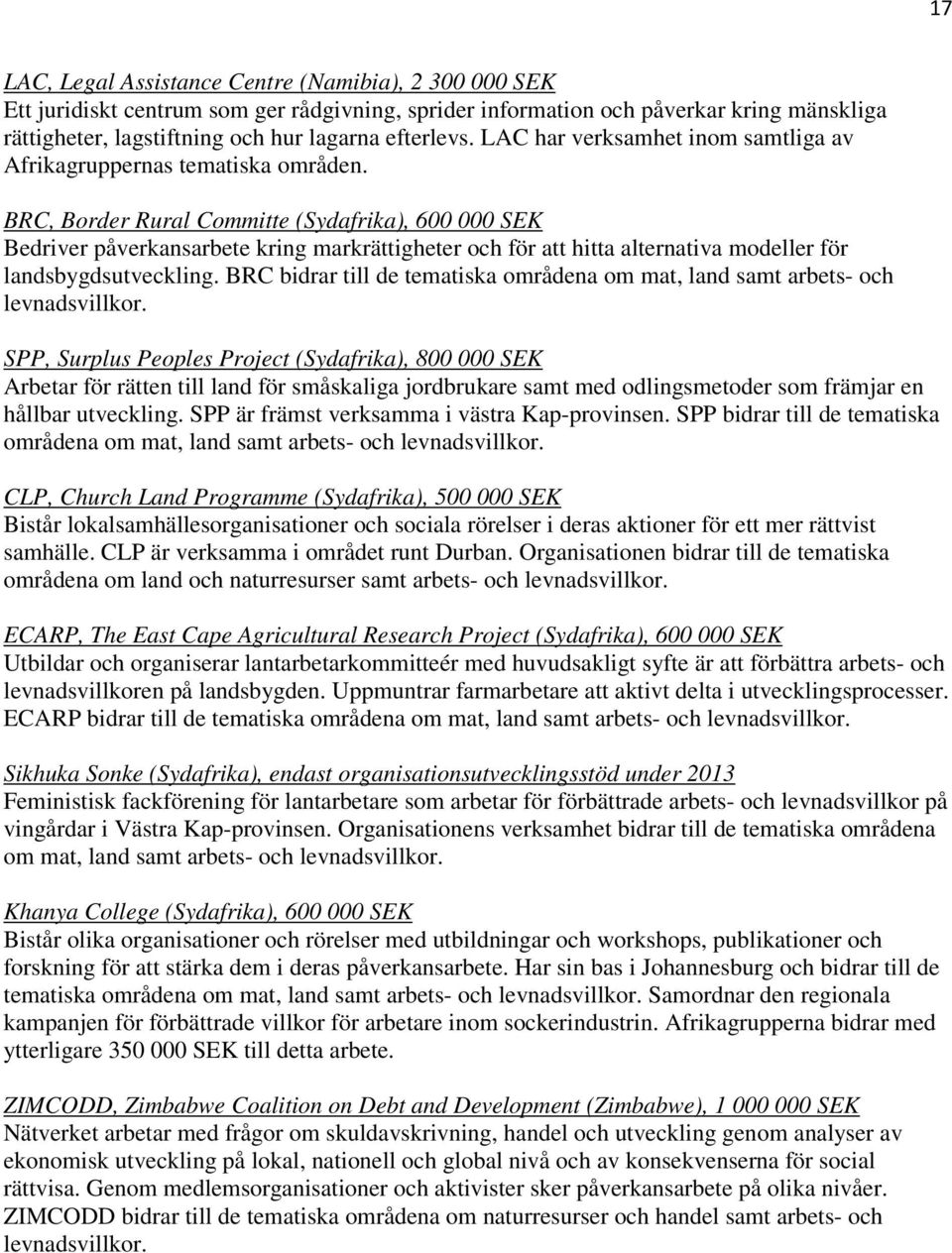 BRC, Border Rural Committe (Sydafrika), 600 000 SEK Bedriver påverkansarbete kring markrättigheter och för att hitta alternativa modeller för landsbygdsutveckling.