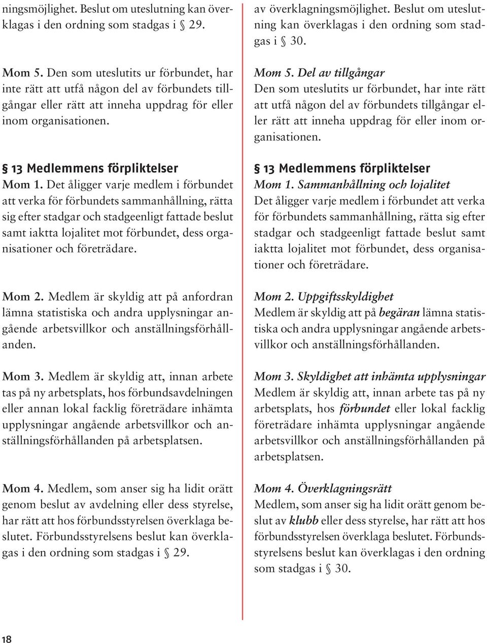 Det åligger varje medlem i förbundet att verka för förbundets sammanhållning, rätta sig efter stadgar och stadgeenligt fattade beslut samt iaktta lojalitet mot förbundet, dess organisationer och