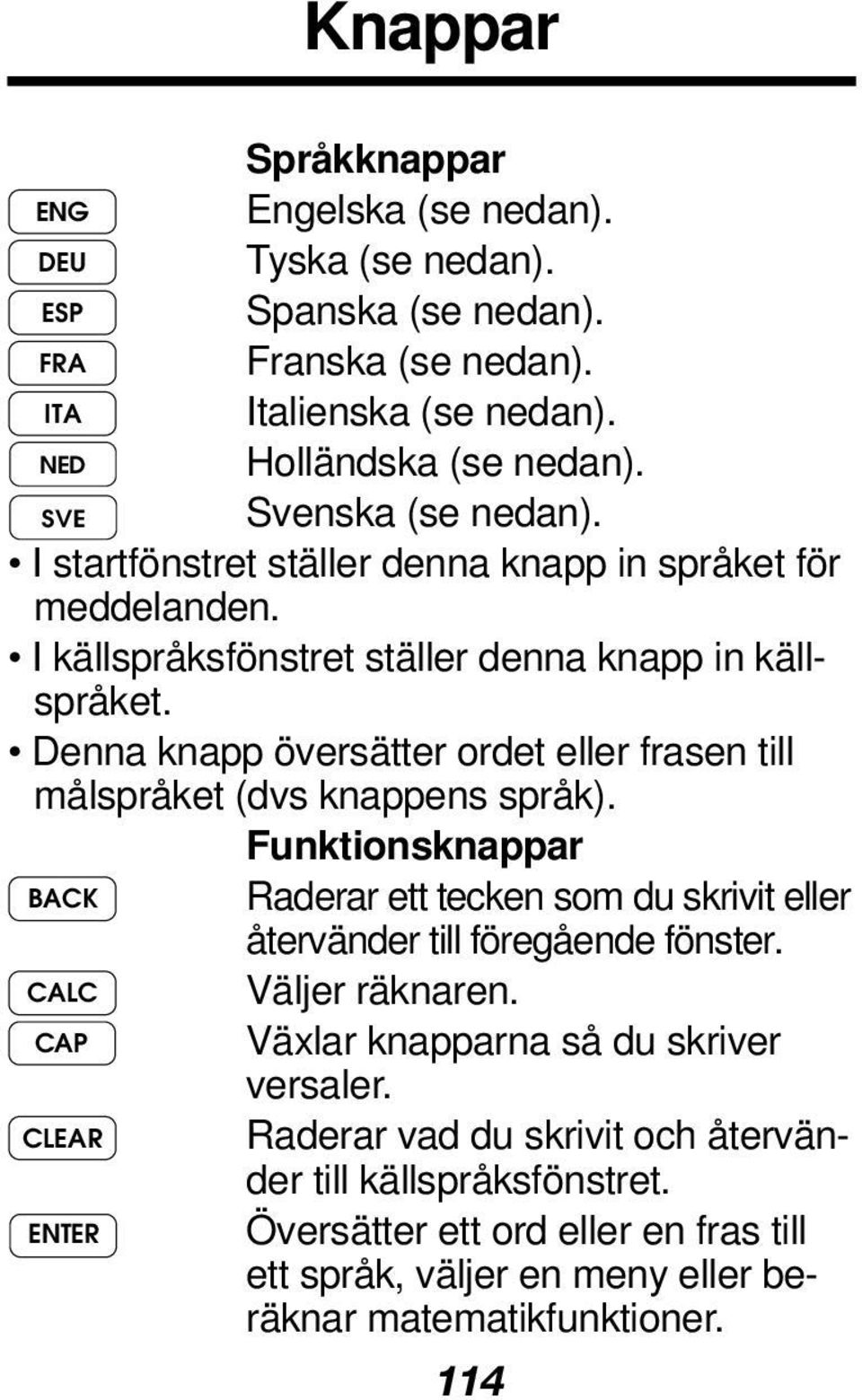 Denna knapp översätter ordet eller frasen till målspråket (dvs knappens språk). Funktionsknappar BACK Raderar ett tecken som du skrivit eller återvänder till föregående fönster.