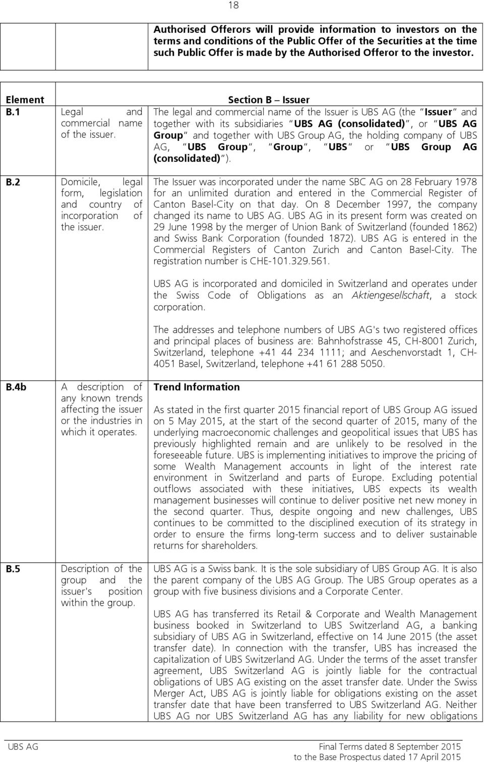 Section B Issuer The legal and commercial name of the Issuer is UBS AG (the Issuer and together with its subsidiaries UBS AG (consolidated), or UBS AG Group and together with UBS Group AG, the