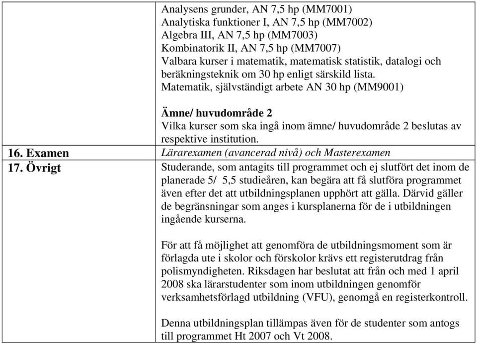 Matematik, självständigt arbete AN 30 hp (MM9001) Ämne/ huvudområde 2 Vilka kurser som ska ingå inom ämne/ huvudområde 2 beslutas av respektive institution. 16.