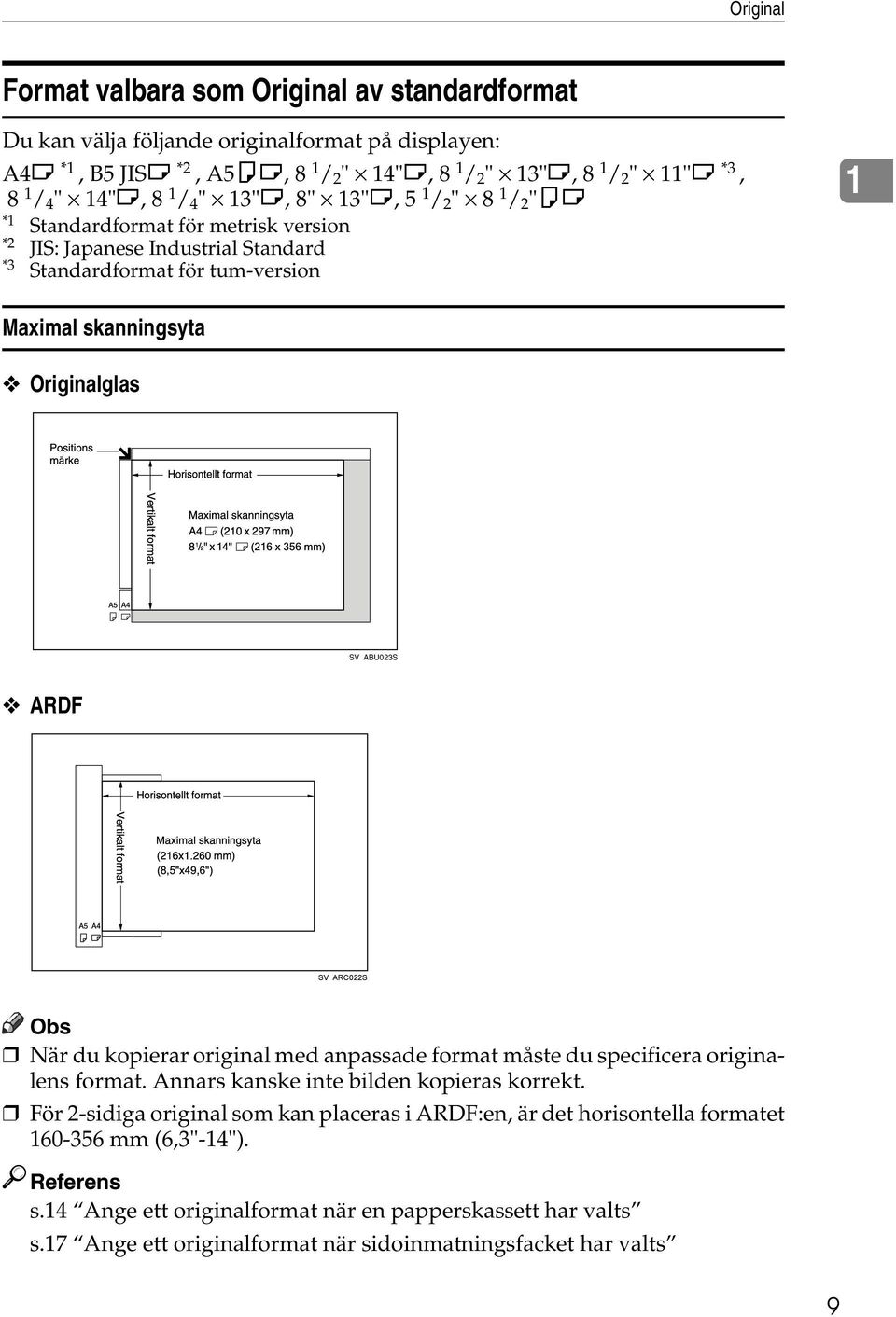 SV ABU023S ARDF SV ARC022S Obs När du kopierar original med anpassade format måste du specificera originalens format. Annars kanske inte bilden kopieras korrekt.