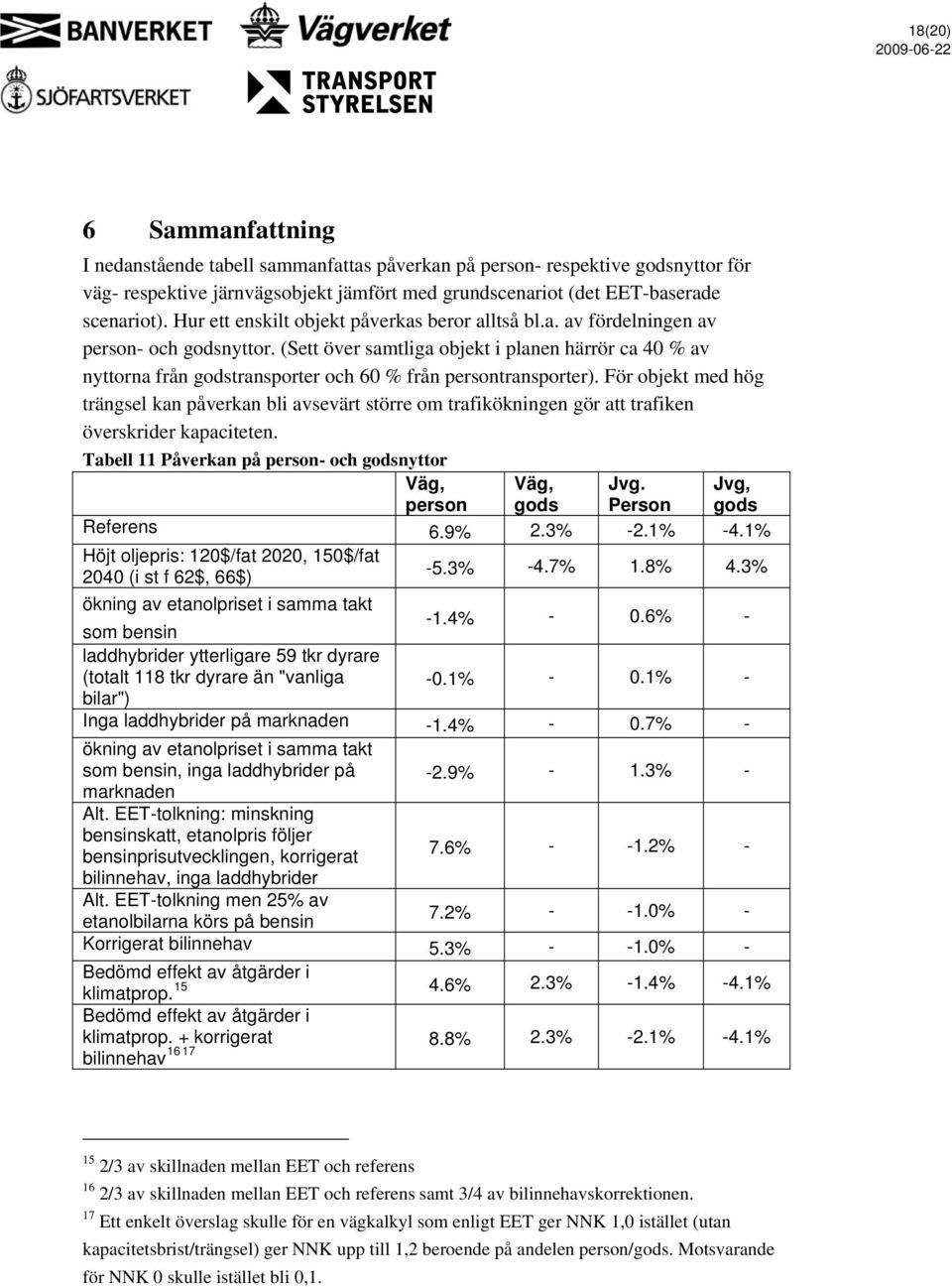 (Sett över samtliga objekt i planen härrör ca 40 % av nyttorna från godstransporter och 60 % från persontransporter).