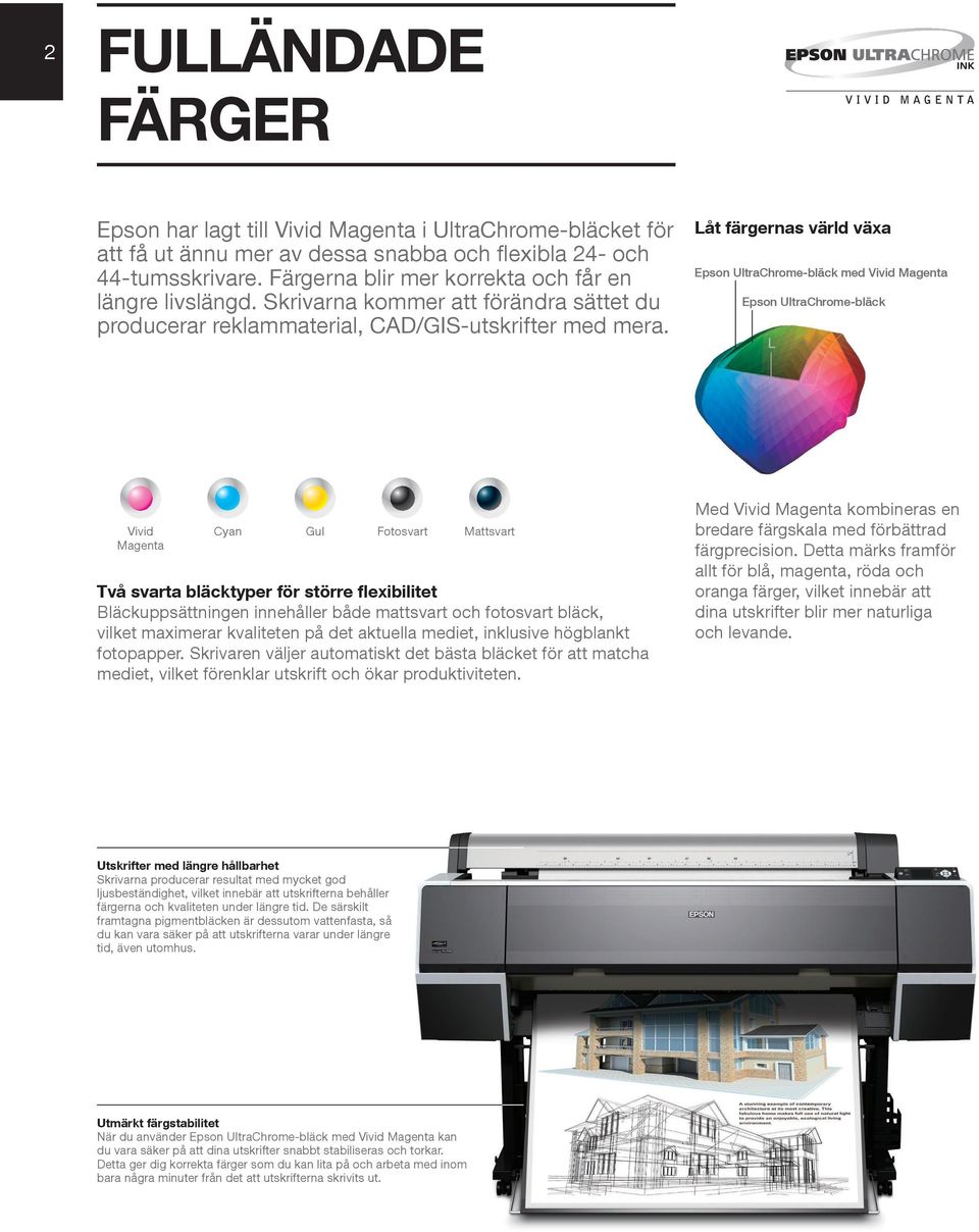 Låt färgernas värld växa Epson UltraChrome-bläck med Vivid Magenta Epson UltraChrome-bläck Vivid Magenta Cyan Gul Fotosvart Mattsvart Två svarta bläcktyper för större flexibilitet Bläckuppsättningen