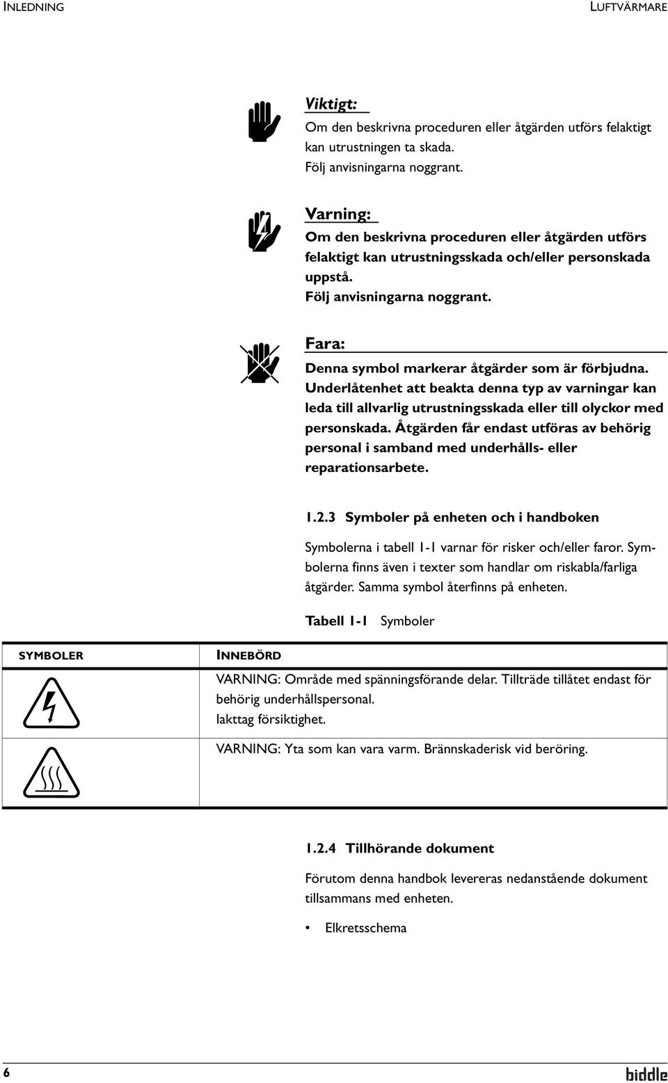 d Fara: Denna symbol markerar åtgärder som är förbjudna. Underlåtenhet att beakta denna typ av varningar kan leda till allvarlig utrustningsskada eller till olyckor med personskada.