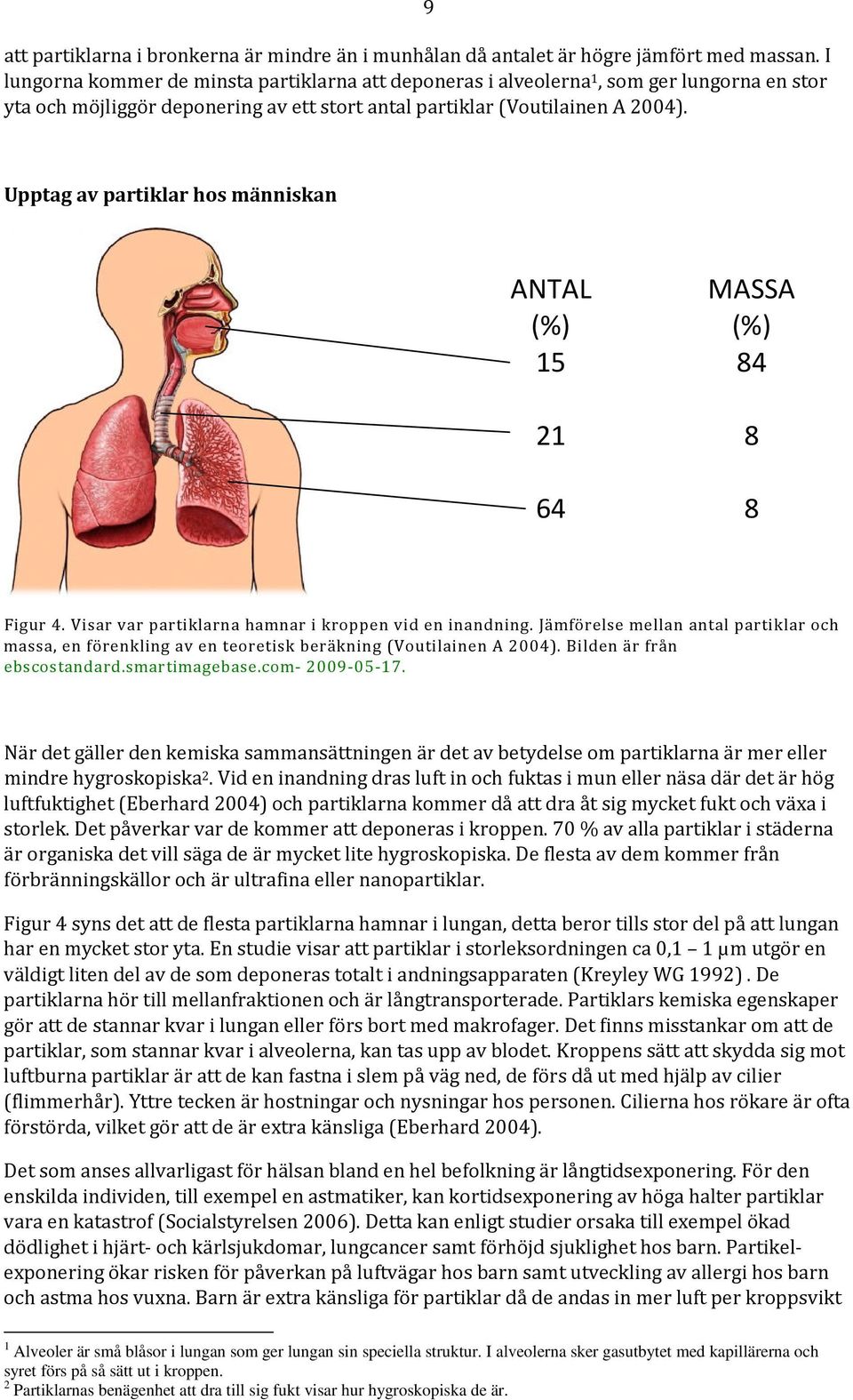 9 Upptag av partiklar hos människan ANTAL MASSA (%) (%) 15 84 21 8 64 8 Figur 4. Visar var partiklarna hamnar i kroppen vid en inandning.