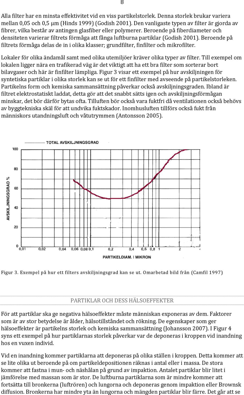 Beroende på fiberdiameter och densiteten varierar filtrets förmåga att fånga luftburna partiklar (Godish 21).