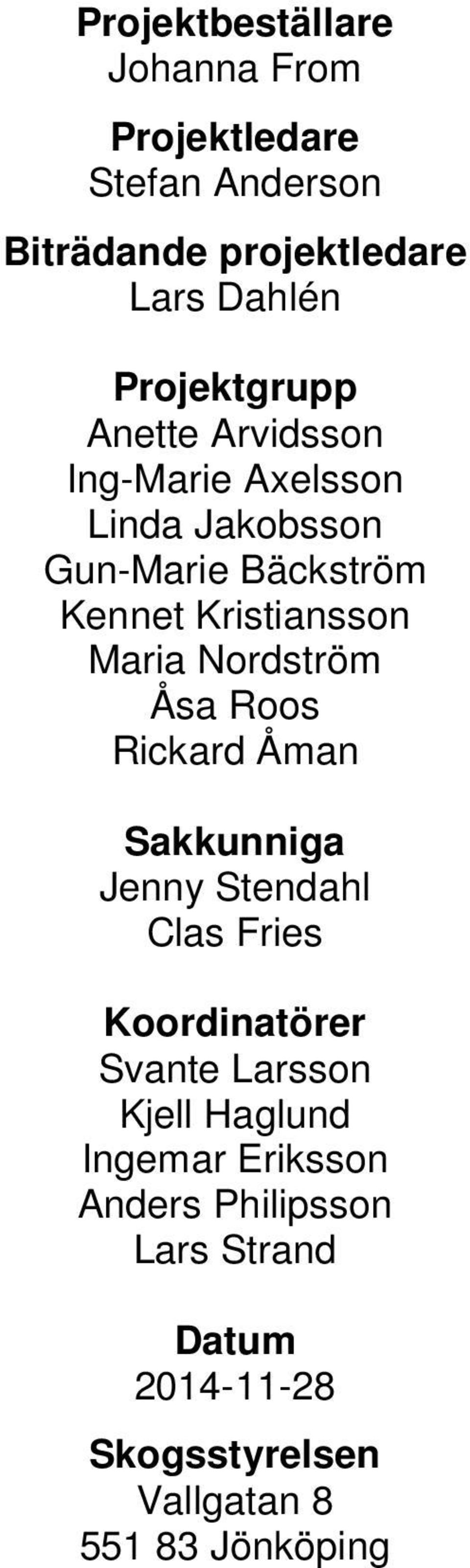 Maria Nordström Åsa Roos Rickard Åman Sakkunniga Jenny Stendahl Clas Fries Koordinatörer Svante Larsson