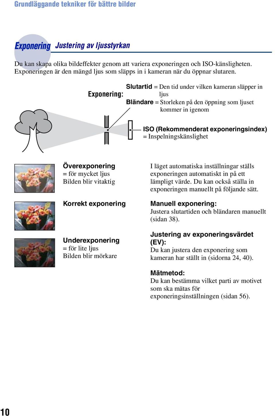 Slutartid = Den tid under vilken kameran släpper in Exponering: ljus Bländare = Storleken på den öppning som ljuset kommer in igenom ISO (Rekommenderat exponeringsindex) = Inspelningskänslighet