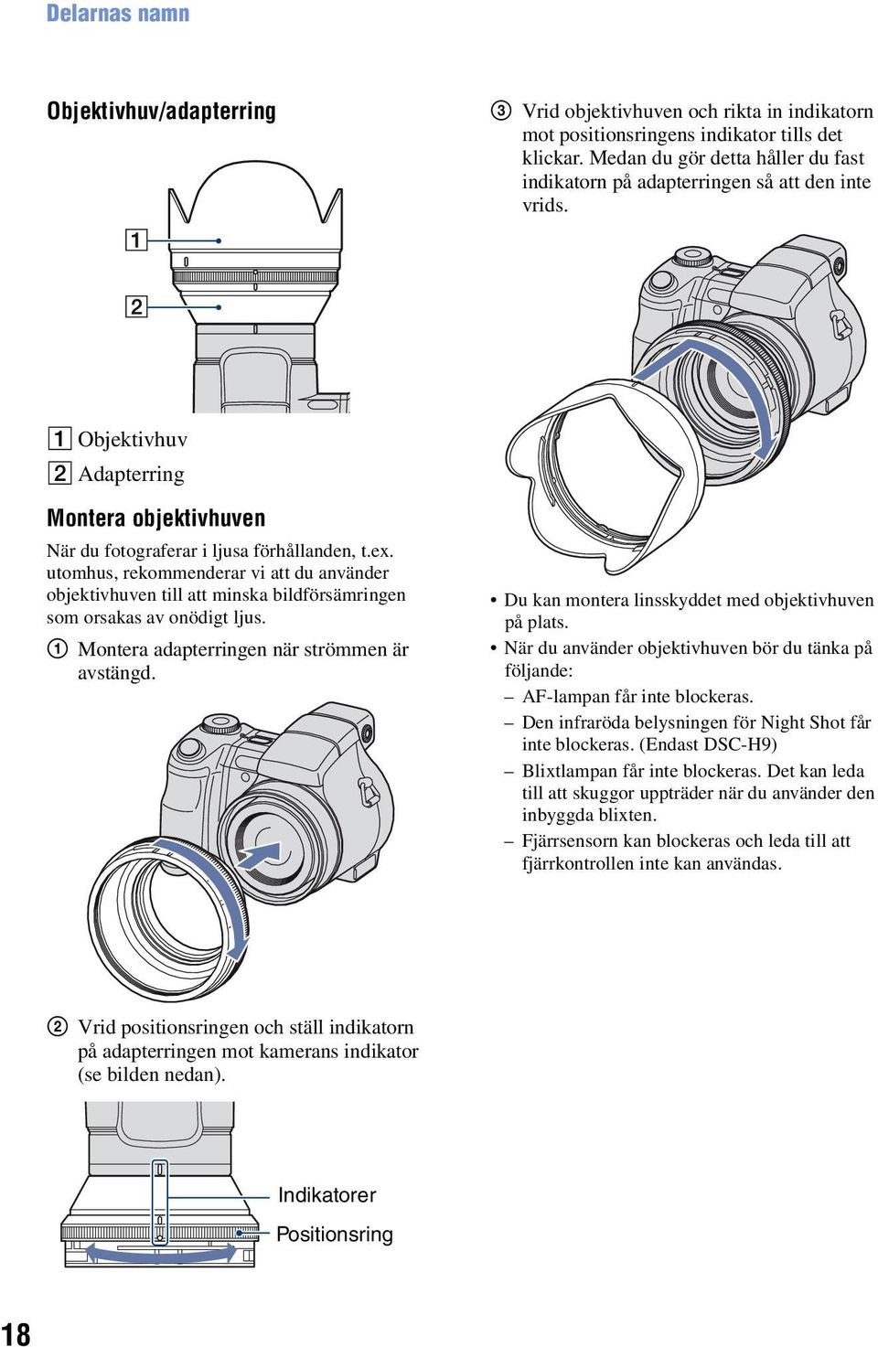 utomhus, rekommenderar vi att du använder objektivhuven till att minska bildförsämringen som orsakas av onödigt ljus. 1 Montera adapterringen när strömmen är avstängd.