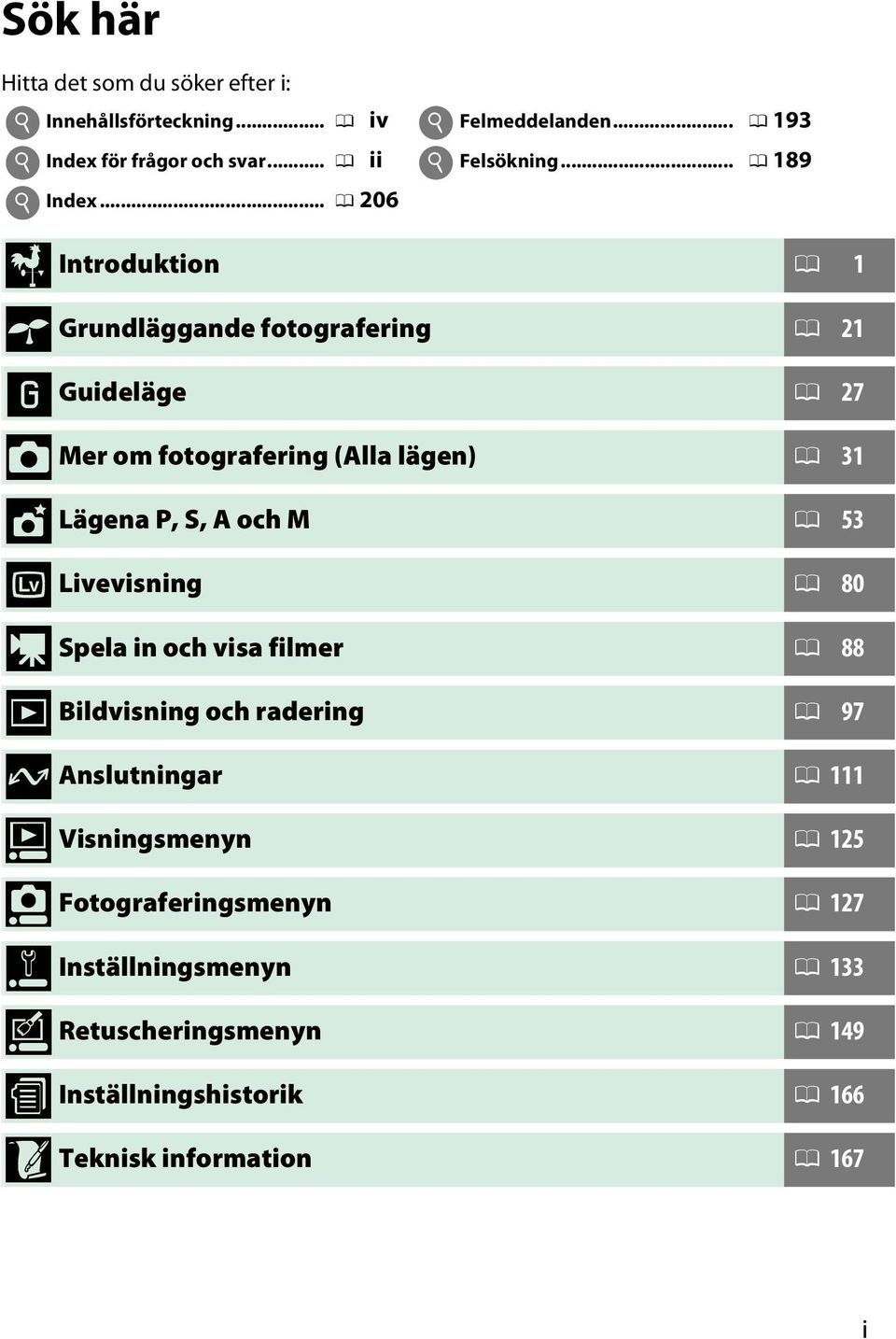 Guideläge 0 27 z Mer om fotografering (Alla lägen) 0 31 t Lägena P, S, A och M 0 53 x Livevisning 0 80 y Spela in och visa filmer 0 88 I