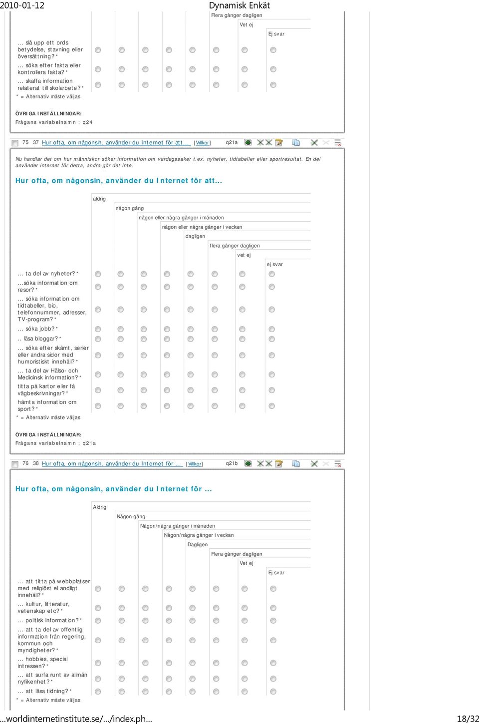 nyheter, tidtabeller eller sportresultat. En del använder internet för detta, andra gör det inte. Hur ofta, om någonsin, använder du Internet för att...... ta del av nyheter? *.