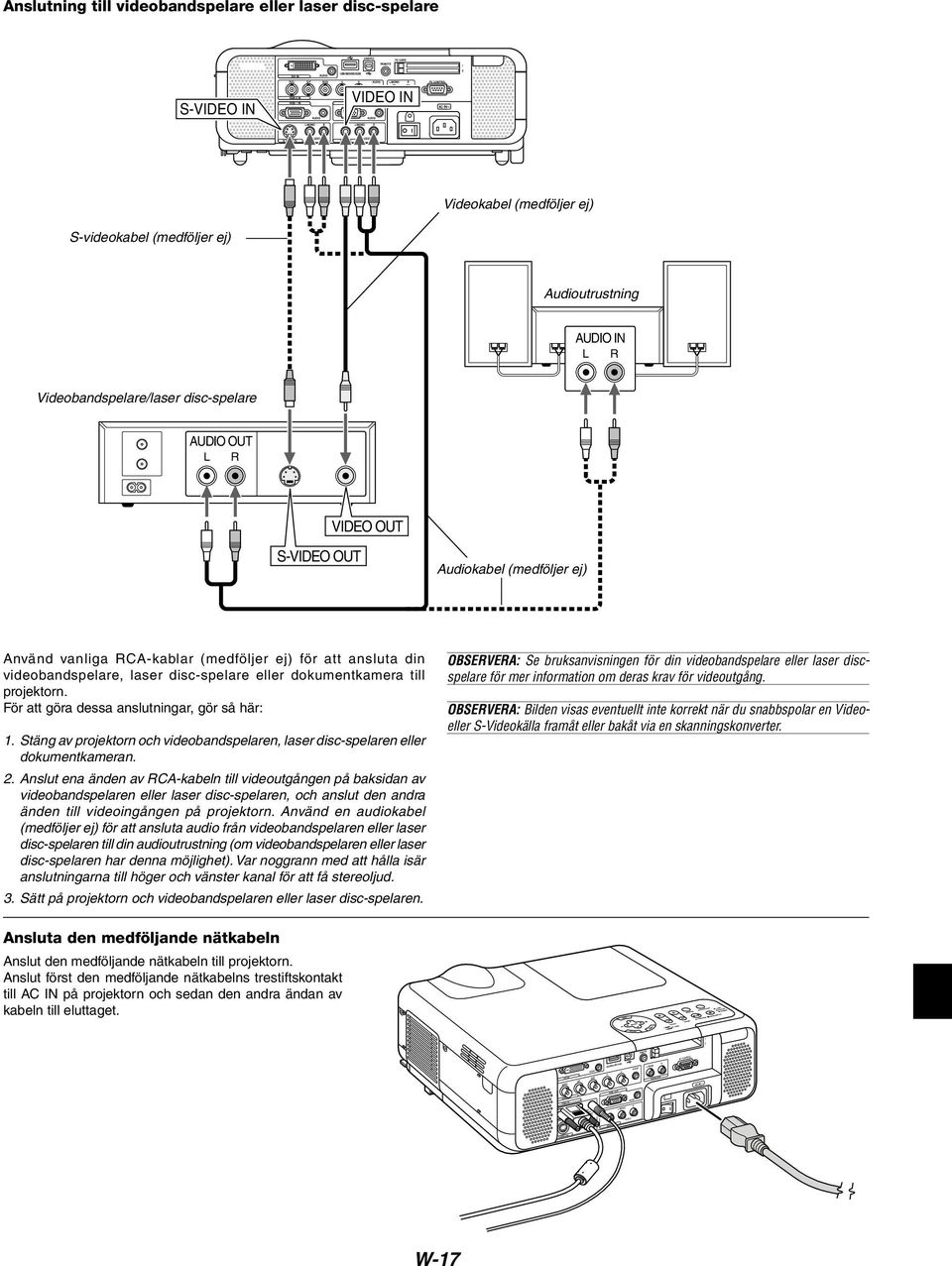 projektorn. För att göra dessa anslutningar, gör så här: 1. Stäng av projektorn och videobandspelaren, laser disc-spelaren eller dokumentkameran. 2.