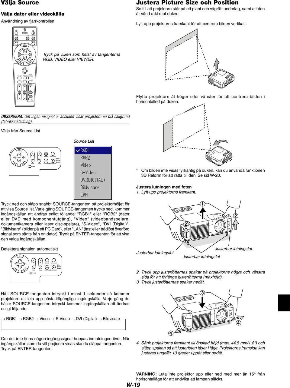 ASPECT FREEZE 3D REFORM HELP POINTER PIC-MUTE VOLUME MAGNIFY SLIDE ZOOM FOCUS FOLDER SLIDE LIST Flytta projektorn åt höger eller vänster för att centrera bilden i horisontalled på duken.