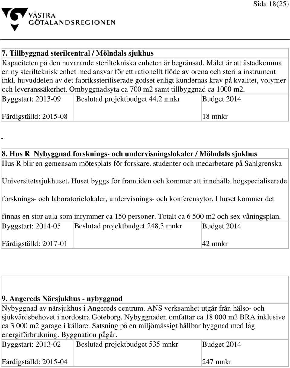 huvuddelen av det fabrikssteriliserade godset enligt kundernas krav på kvalitet, volymer och leveranssäkerhet. Ombyggnadsyta ca 700 m2 samt tillbyggnad ca 1000 m2.