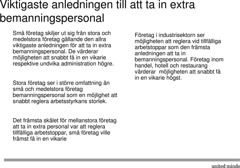 Stora företag ser i större omfattning än små och medelstora företag bemanningspersonal som en möjlighet att snabbt reglera arbetsstyrkans storlek.