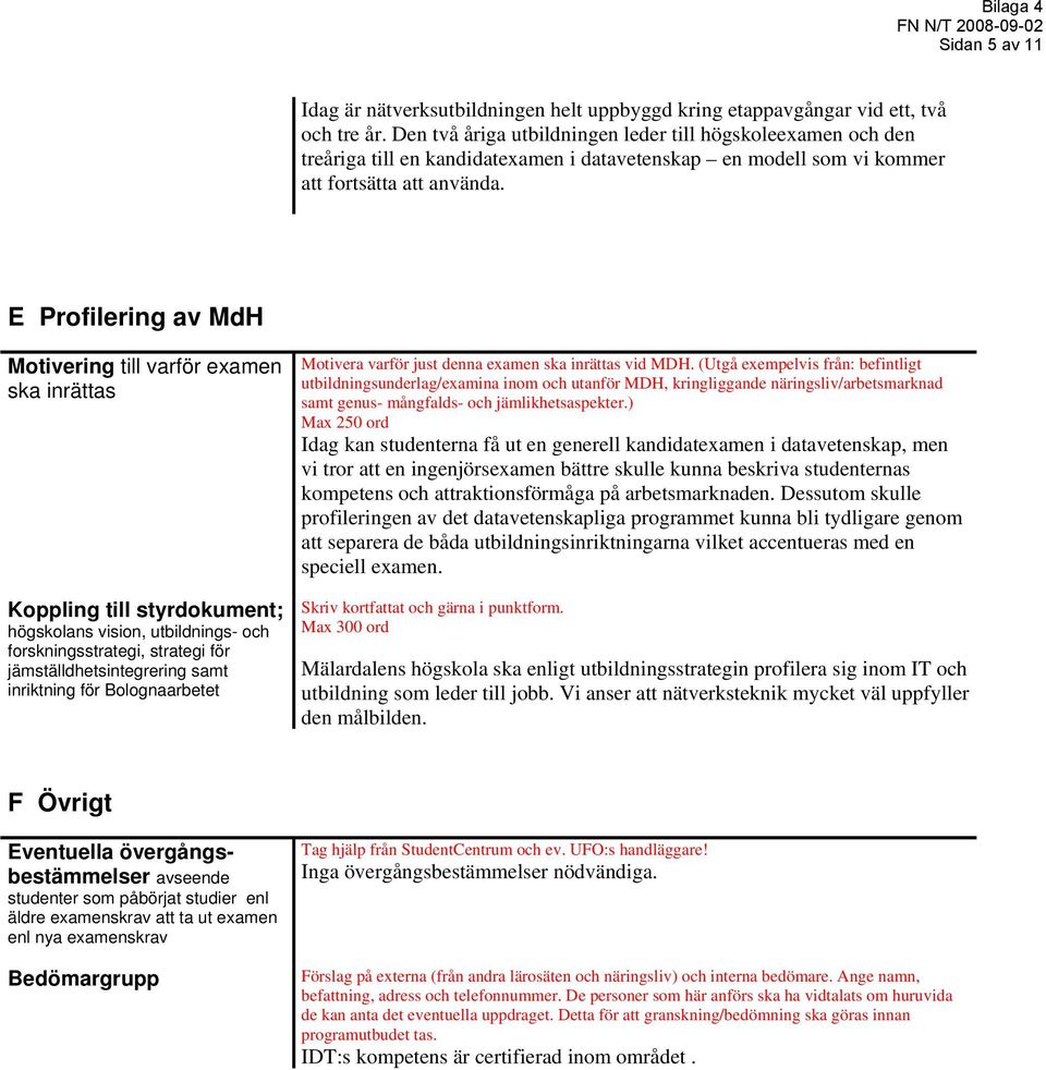 E Profilering av MdH Motivering till varför examen ska inrättas Koppling till styrdokument; högskolans vision, utbildnings- och forskningsstrategi, strategi för jämställdhetsintegrering samt