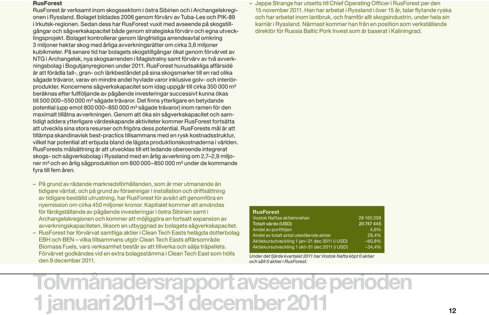 Bolaget kontrollerar genom långfristiga arrendeavtal omkring 3 miljoner hektar skog med årliga avverkningsrätter om cirka 3,6 miljoner kubikmeter.