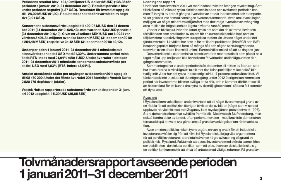 Koncernens substansvärde uppgick till 492,08 MUSD den 31 december 2011 (31 december 2010: 625,43), motsvarande 4,93 USD per aktie (31 december 2010: 6,19).