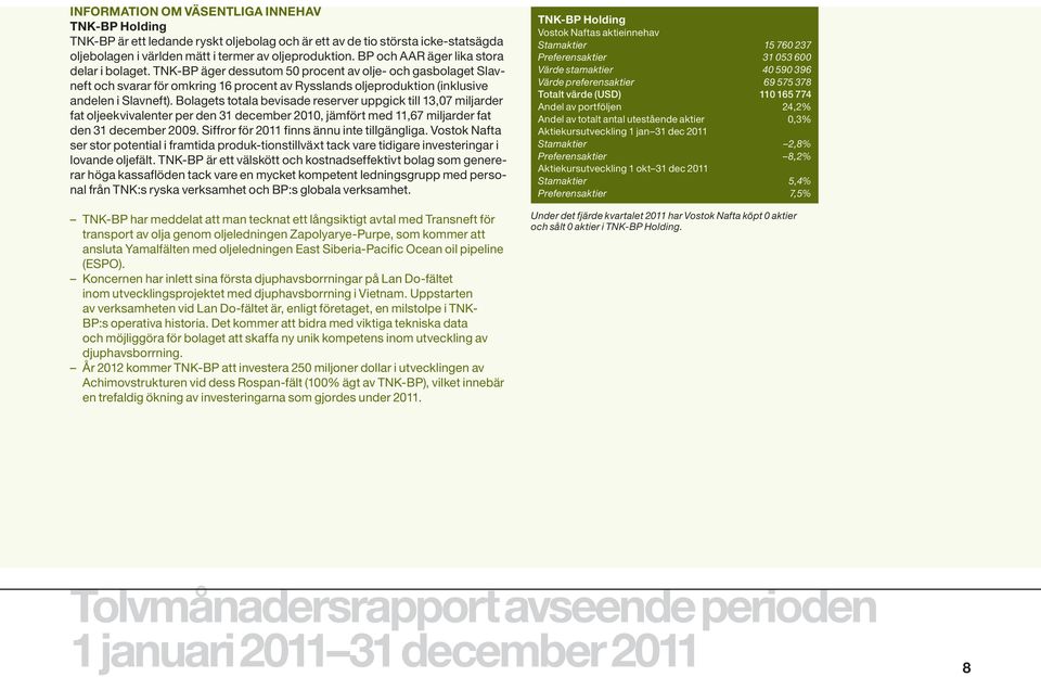 TNK-BP äger dessutom 50 procent av olje- och gasbolaget Slavneft och svarar för omkring 16 procent av Rysslands oljeproduktion (inklusive andelen i Slavneft).