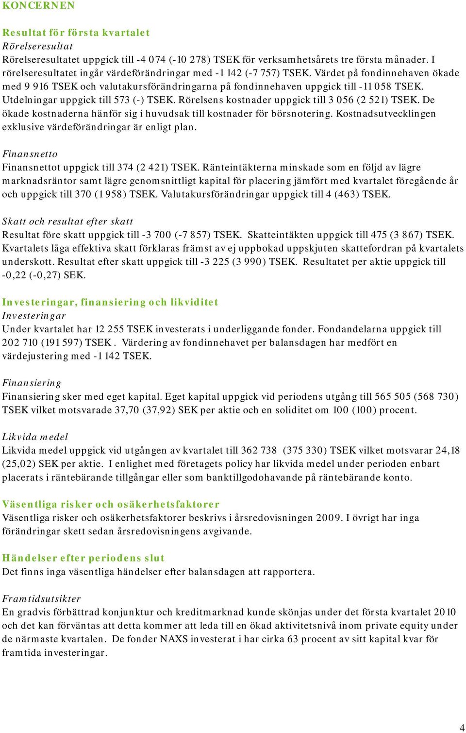 Utdelningar uppgick till 573 (-) TSEK. Rörelsens kostnader uppgick till 3 056 (2 521) TSEK. De ökade kostnaderna hänför sig i huvudsak till kostnader för börsnotering.