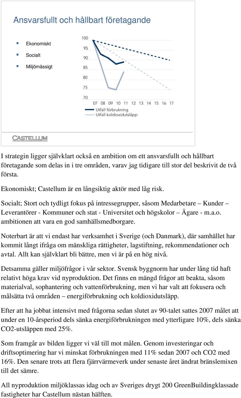 Socialt; Stort och tydligt fokus på intressegrupper, såsom Medarbetare Kunder Leverantörer - Kommuner och stat - Universitet och högskolor Ägare - m.a.o. ambitionen att vara en god samhällsmedborgare.