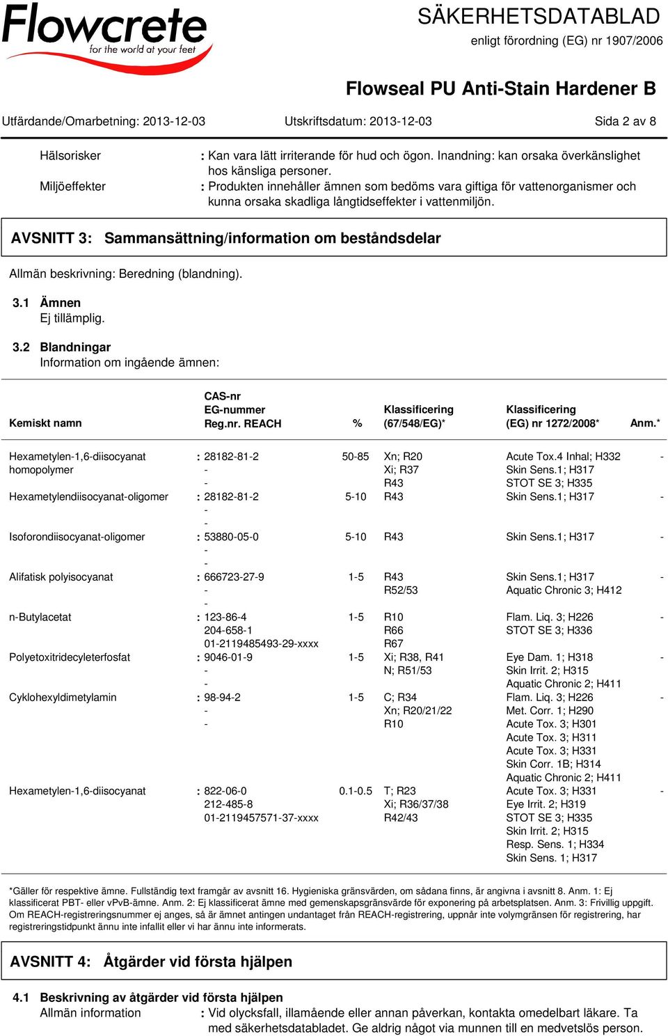 AVSNITT 3: Sammansättning/information om beståndsdelar Allmän beskrivning: Beredning (blandning). 3.1 Ämnen 3.2 Blandningar Information om ingående ämnen: Kemiskt namn CASnr 