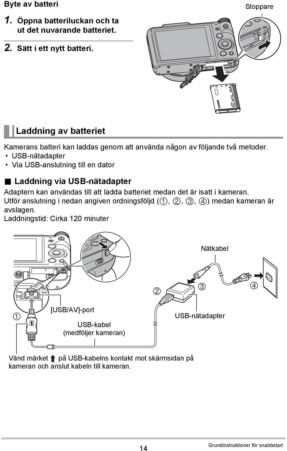 Laddning via USB-nätadapter Adaptern kan användas till att ladda batteriet medan det är isatt i kameran.