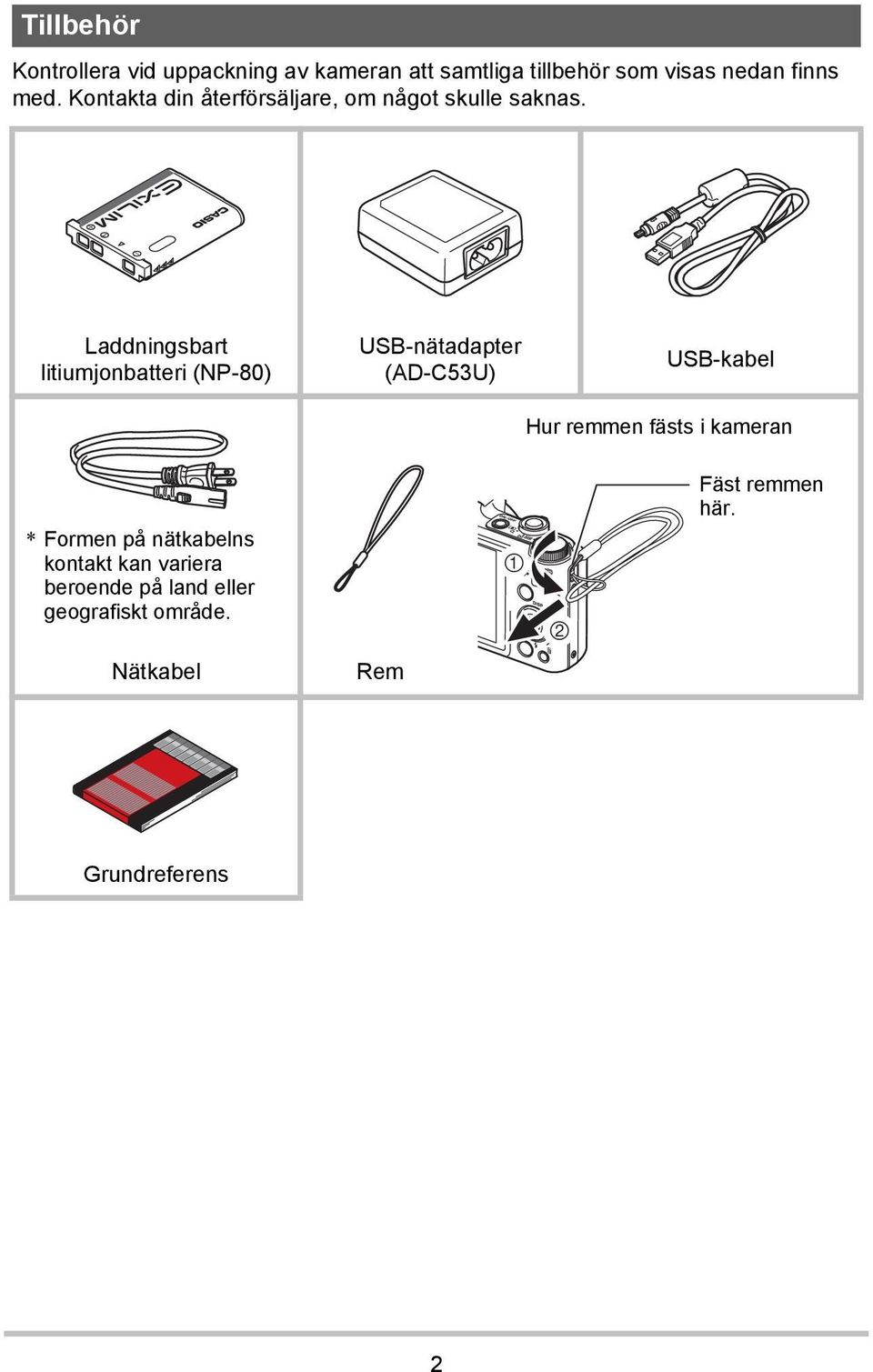 Laddningsbart litiumjonbatteri (NP-80) USB-nätadapter (AD-C53U) USB-kabel Hur remmen fästs i