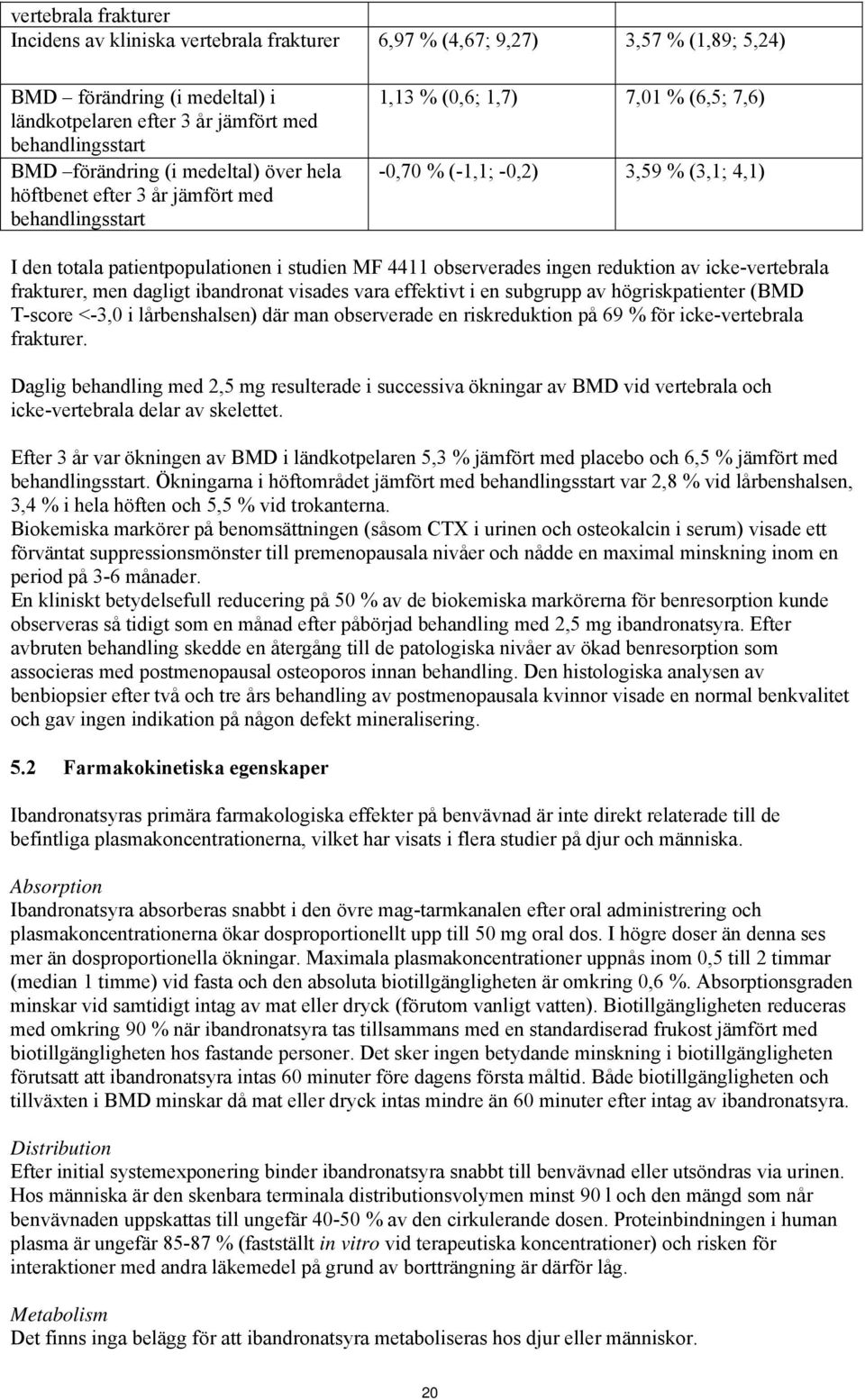 studien MF 4411 observerades ingen reduktion av icke-vertebrala frakturer, men dagligt ibandronat visades vara effektivt i en subgrupp av högriskpatienter (BMD T-score <-3,0 i lårbenshalsen) där man