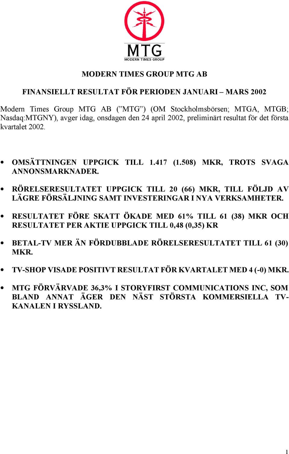 RÖRELSERESULTATET UPPGICK TILL 20 (66) MKR, TILL FÖLJD AV LÄGRE FÖRSÄLJNING SAMT INVESTERINGAR I NYA VERKSAMHETER.