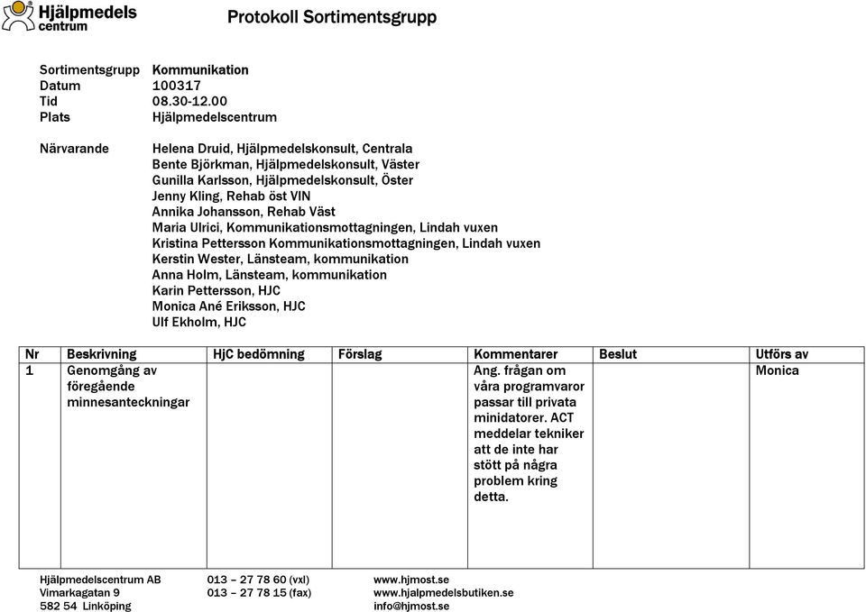 Kling, Rehab öst VIN Annika Johansson, Rehab Väst Maria Ulrici, Kommunikationsmottagningen, Lindah vuxen Kristina Pettersson Kommunikationsmottagningen, Lindah vuxen Kerstin