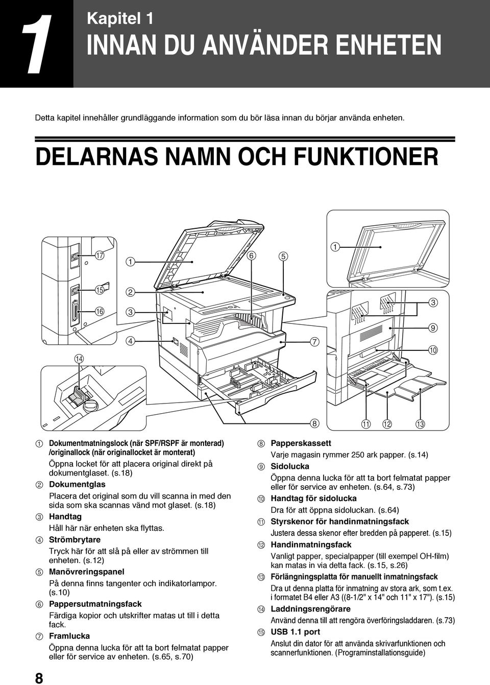 direkt på dokumentglaset. (s.8) Dokumentglas Placera det original som du vill scanna in med den sida som ska scannas vänd mot glaset. (s.8) Handtag Håll här när enheten ska flyttas.