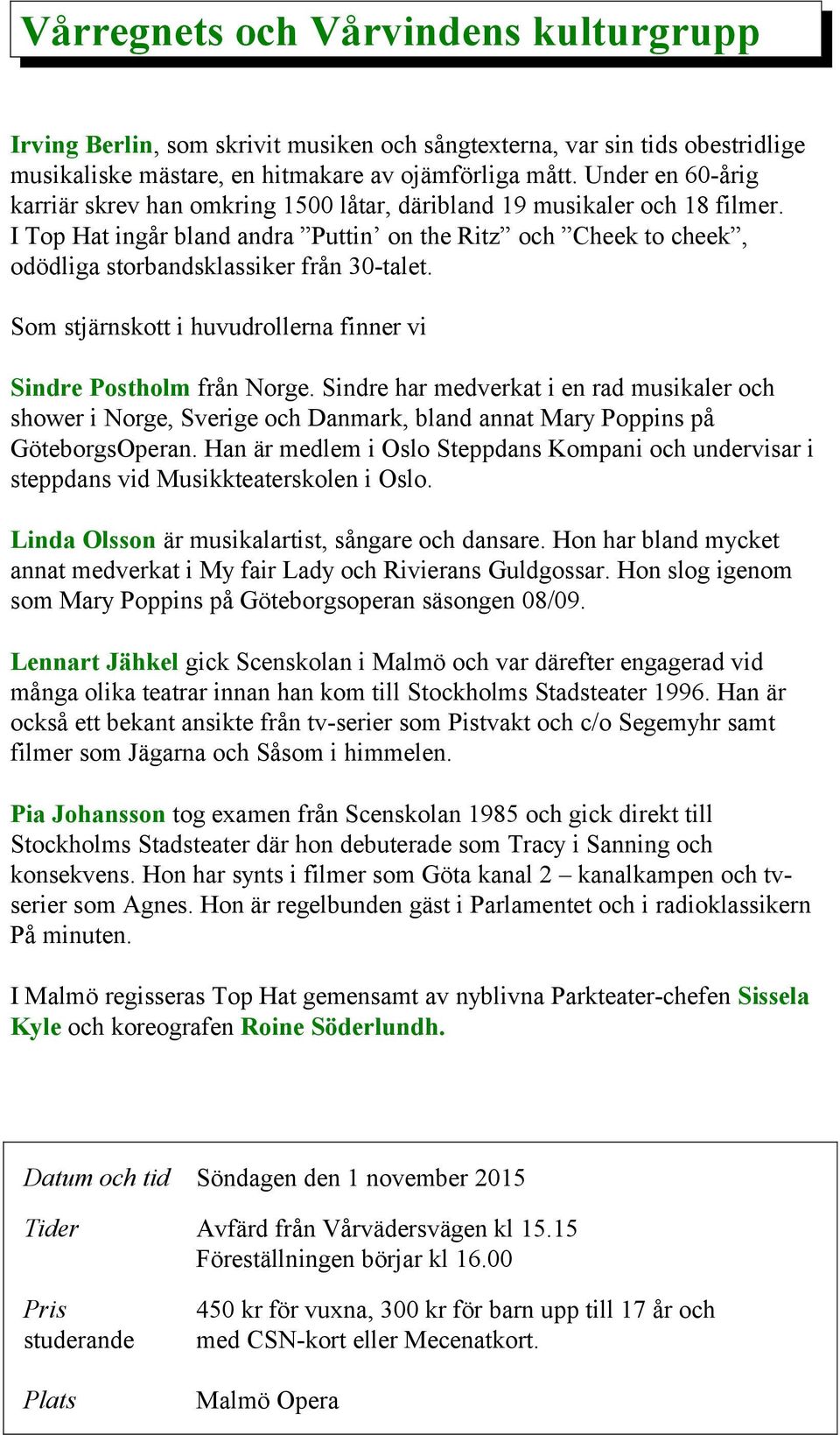 I Top Hat ingår bland andra Puttin on the Ritz och Cheek to cheek, odödliga storbandsklassiker från 30-talet. Som stjärnskott i huvudrollerna finner vi Sindre Postholm från Norge.