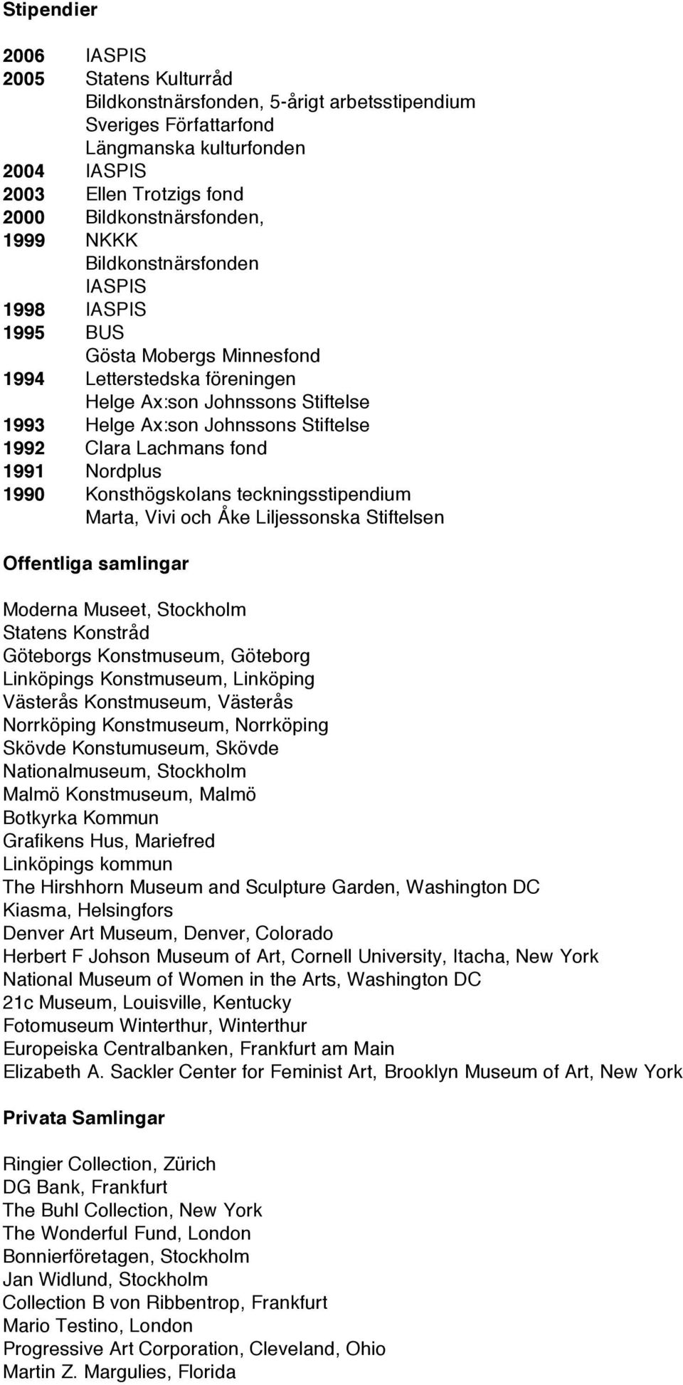 Stiftelse 1992 Clara Lachmans fond 1991 Nordplus 1990 Konsthögskolans teckningsstipendium Marta, Vivi och Åke Liljessonska Stiftelsen Offentliga samlingar Moderna Museet, Stockholm Statens Konstråd