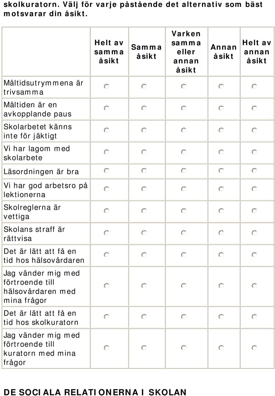 skolarbete Läsordningen är bra Vi har god arbetsro på lektionerna Skolreglerna är vettiga Skolans straff är rättvisa Det är lätt att få en tid