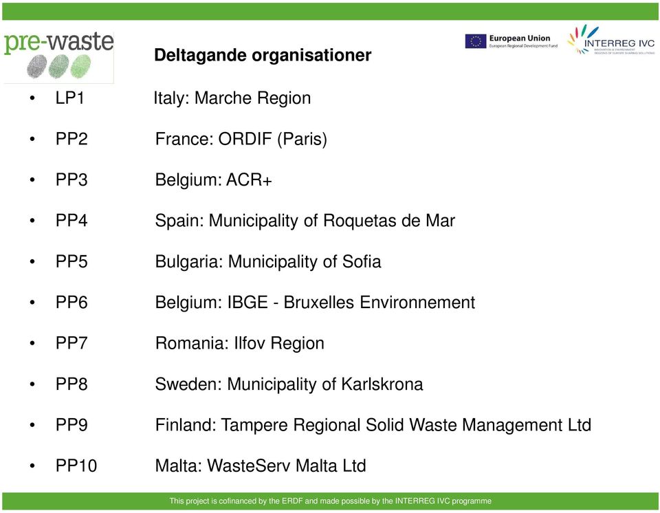 Belgium: IBGE - Bruxelles Environnement PP7 Romania: Ilfov Region PP8 Sweden: Municipality