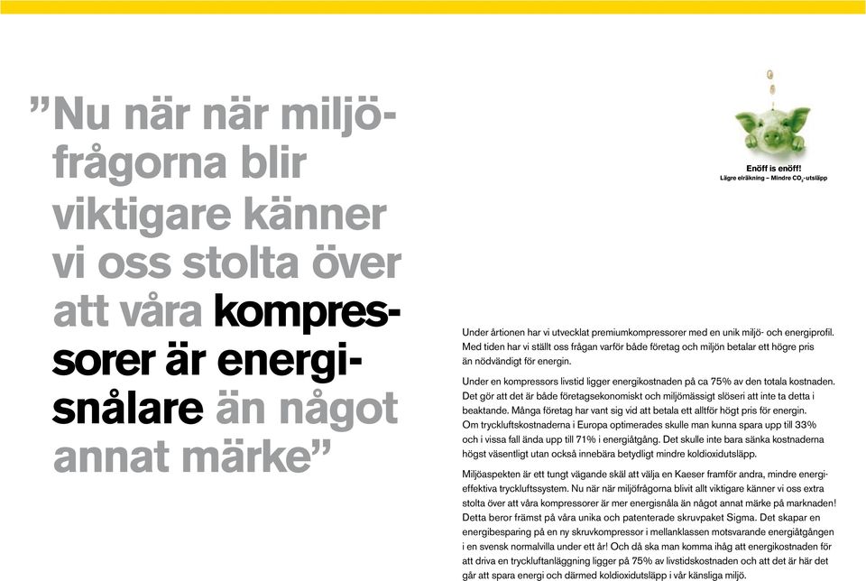 Under en kompressors livstid ligger energikostnaden på ca 75% av den totala kostnaden. Det gör att det är både företagsekonomiskt och miljömässigt slöseri att inte ta detta i beaktande.