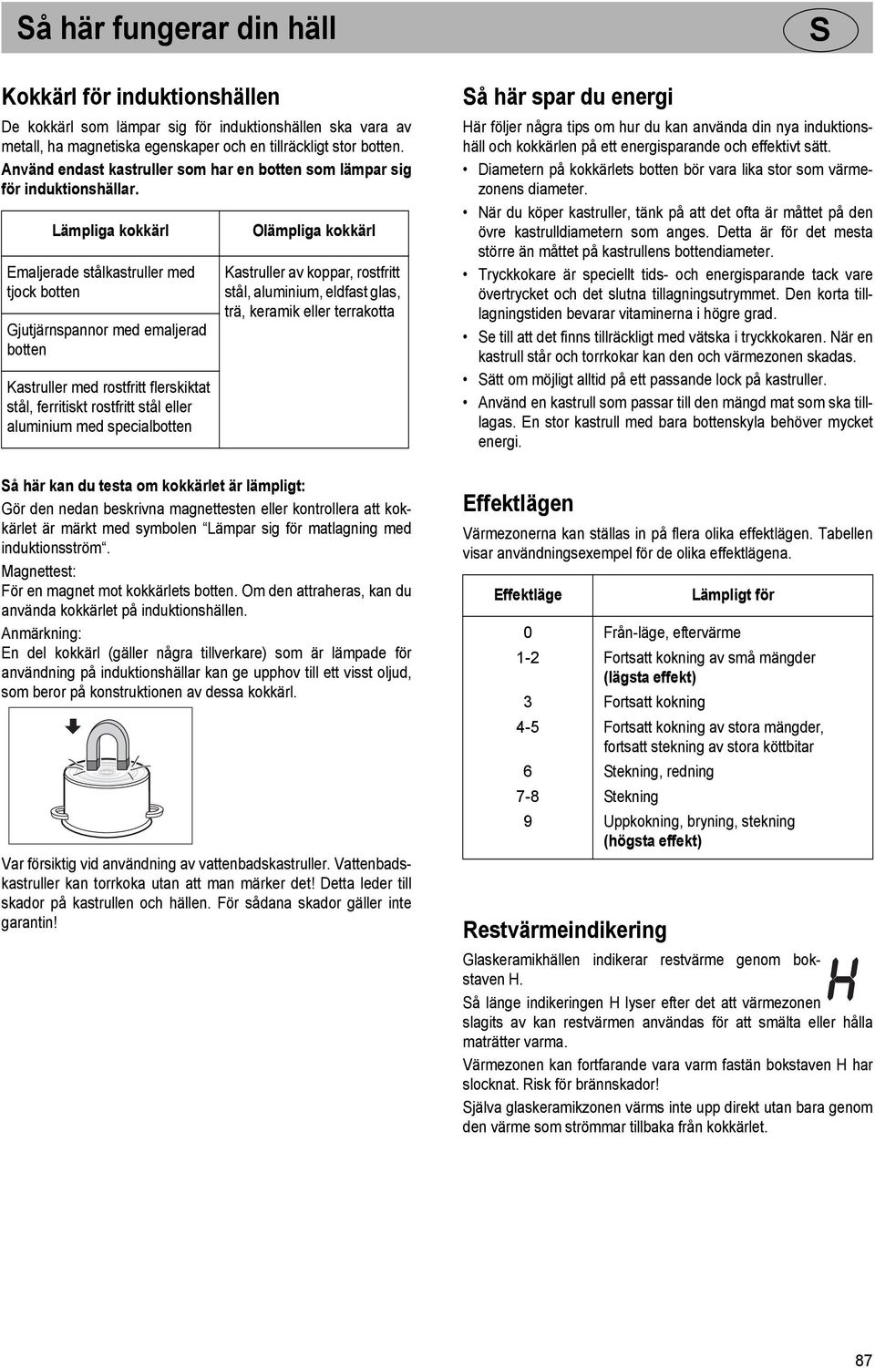 Lämpliga kokkärl Emaljerade stålkastruller med tjock botten Gjutjärnspannor med emaljerad botten Kastruller med rostfritt flerskiktat stål, ferritiskt rostfritt stål eller aluminium med specialbotten