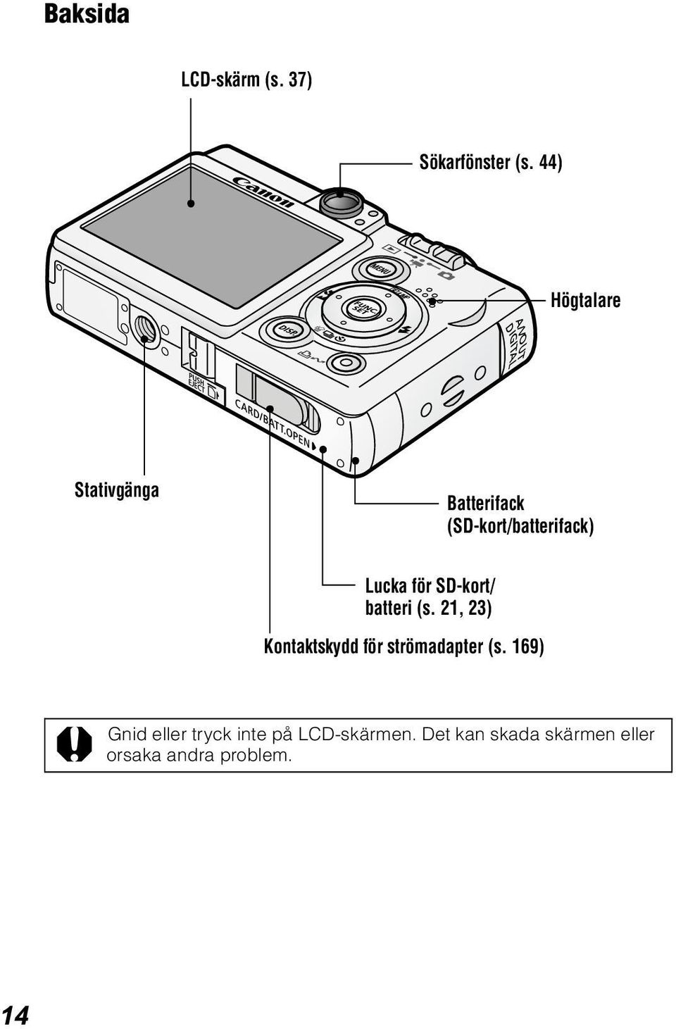 för SD-kort/ batteri (s. 21, 23) Kontaktskydd för strömadapter (s.