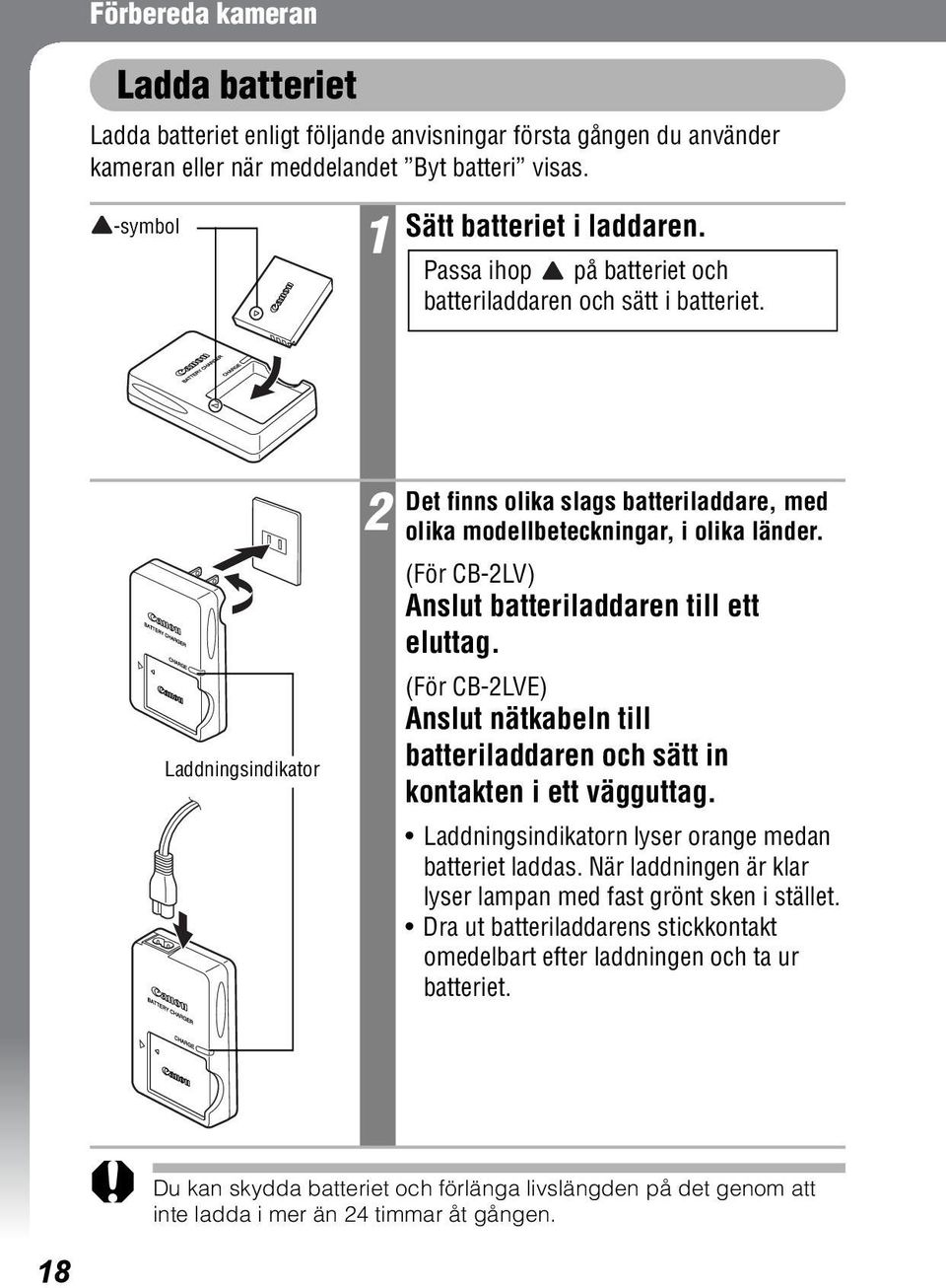 (För CB-2LV) Anslut batteriladdaren till ett eluttag. (För CB-2LVE) Anslut nätkabeln till batteriladdaren och sätt in kontakten i ett vägguttag.