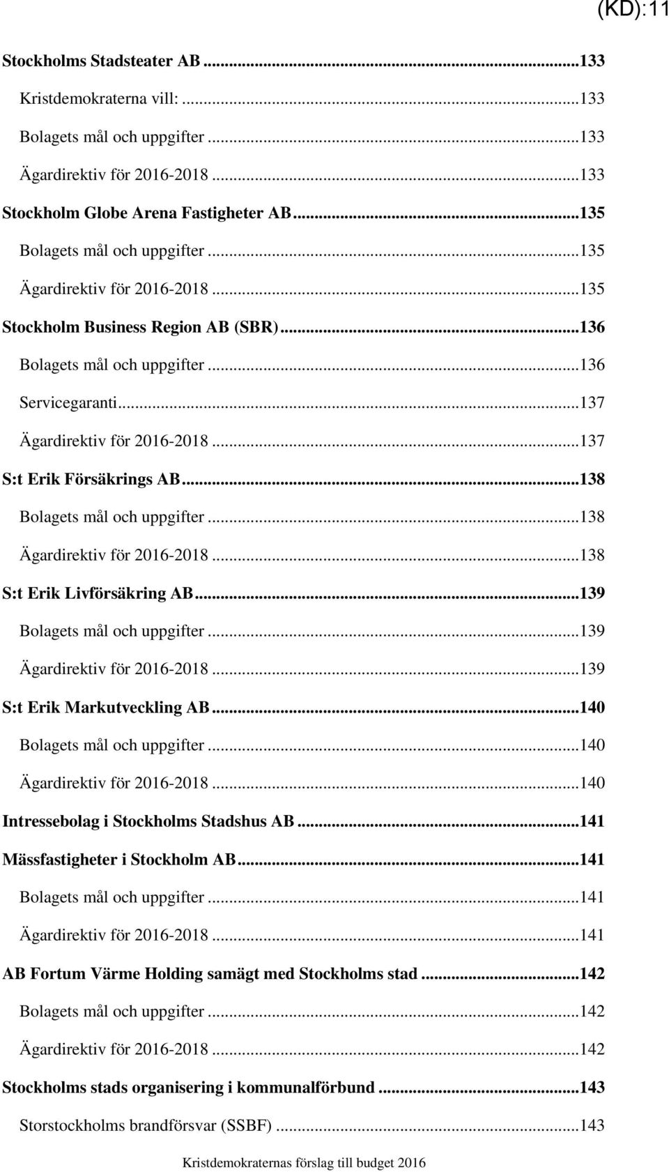 ..137 S:t Erik Försäkrings AB...138 Bolagets mål och uppgifter...138 Ägardirektiv för 2016-2018...138 S:t Erik Livförsäkring AB...139 Bolagets mål och uppgifter...139 Ägardirektiv för 2016-2018.