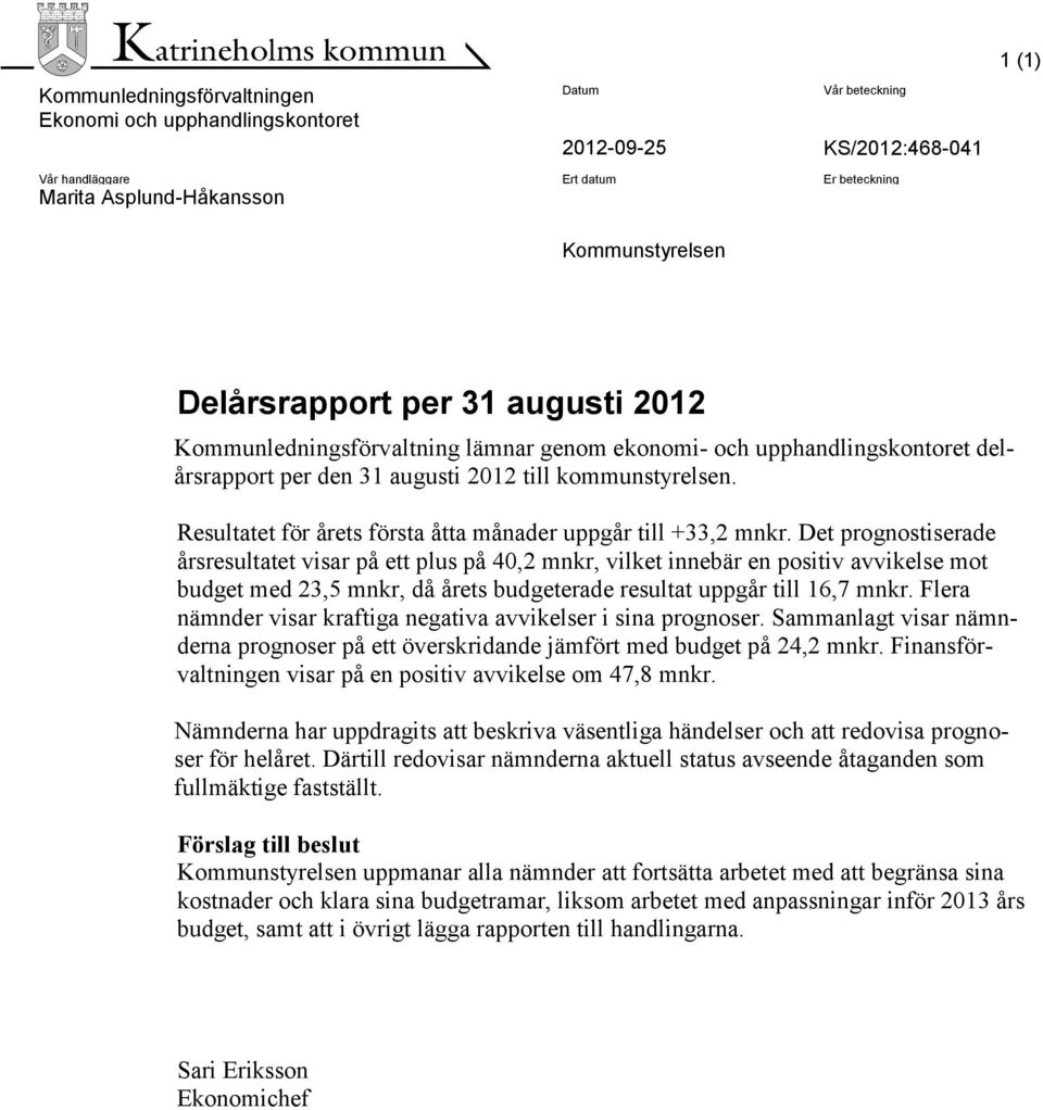 Resultatet för årets första åtta månader uppgår till +33,2 mnkr.