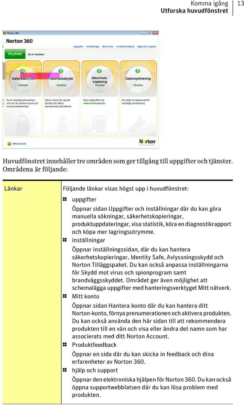 produktuppdateringar, visa statistik, köra en diagnostikrapport och köpa mer lagringsutrymme.