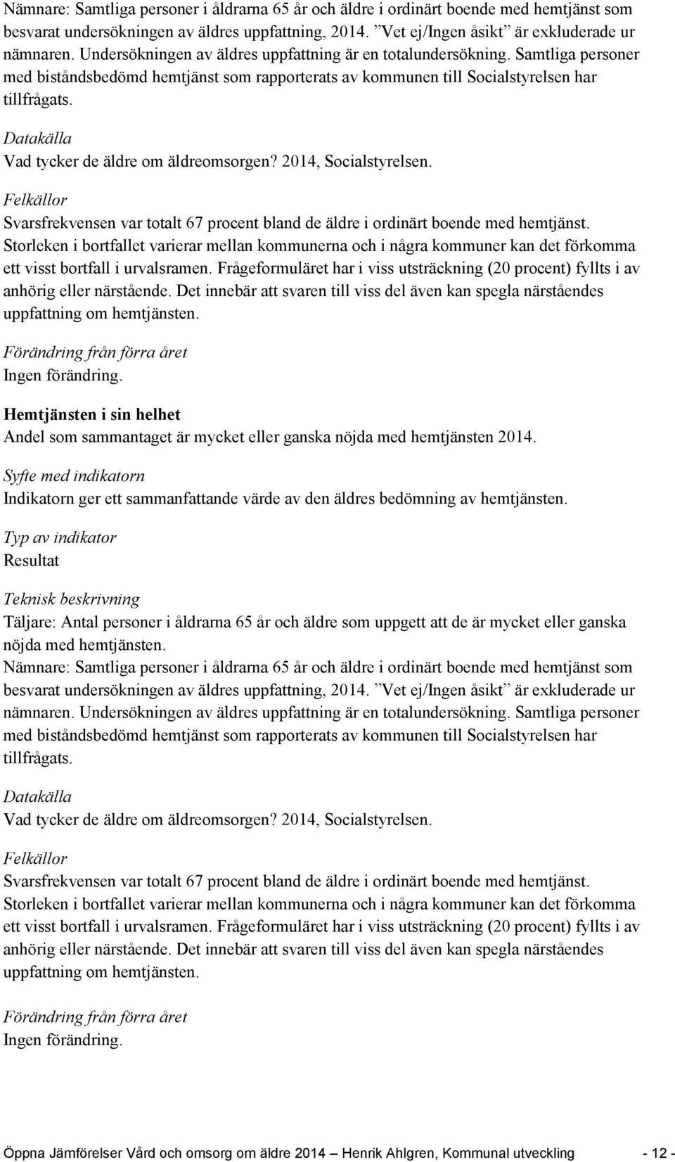 Vad tycker de äldre om äldreomsorgen? 2014, Socialstyrelsen. Svarsfrekvensen var totalt 67 procent bland de äldre i ordinärt boende med hemtjänst.